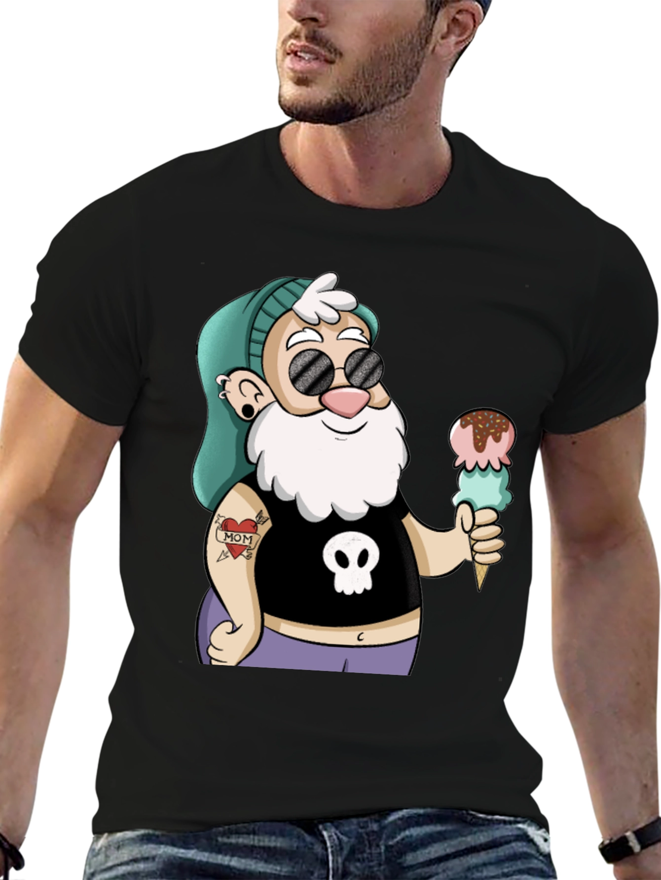 Black Cartoon Hipster Gnome T-Shirt view 6