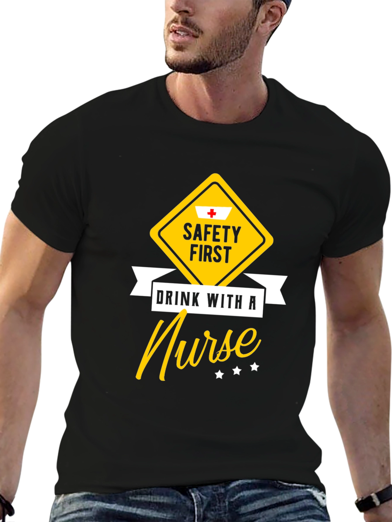 Black Safety First Drink With a Nurse T-Shirt view 6