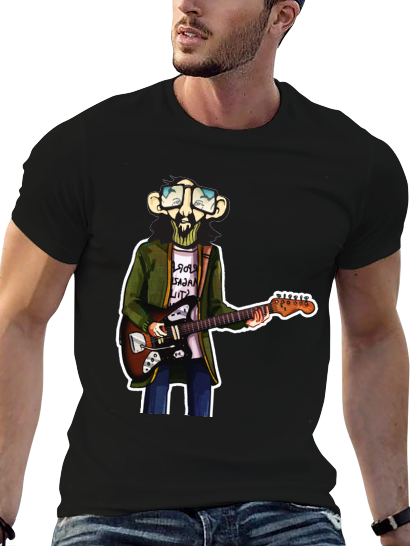 Black Cartoon Guitar Player Graphic Tee view 6
