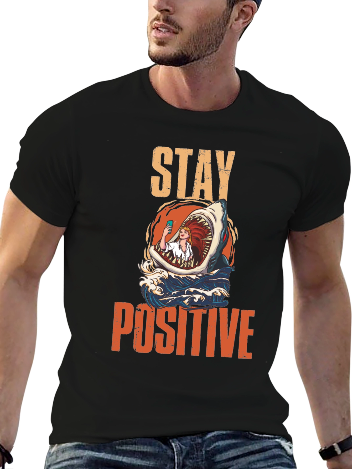 Black Stay Positive Shark Selfie Graphic Tee view 6