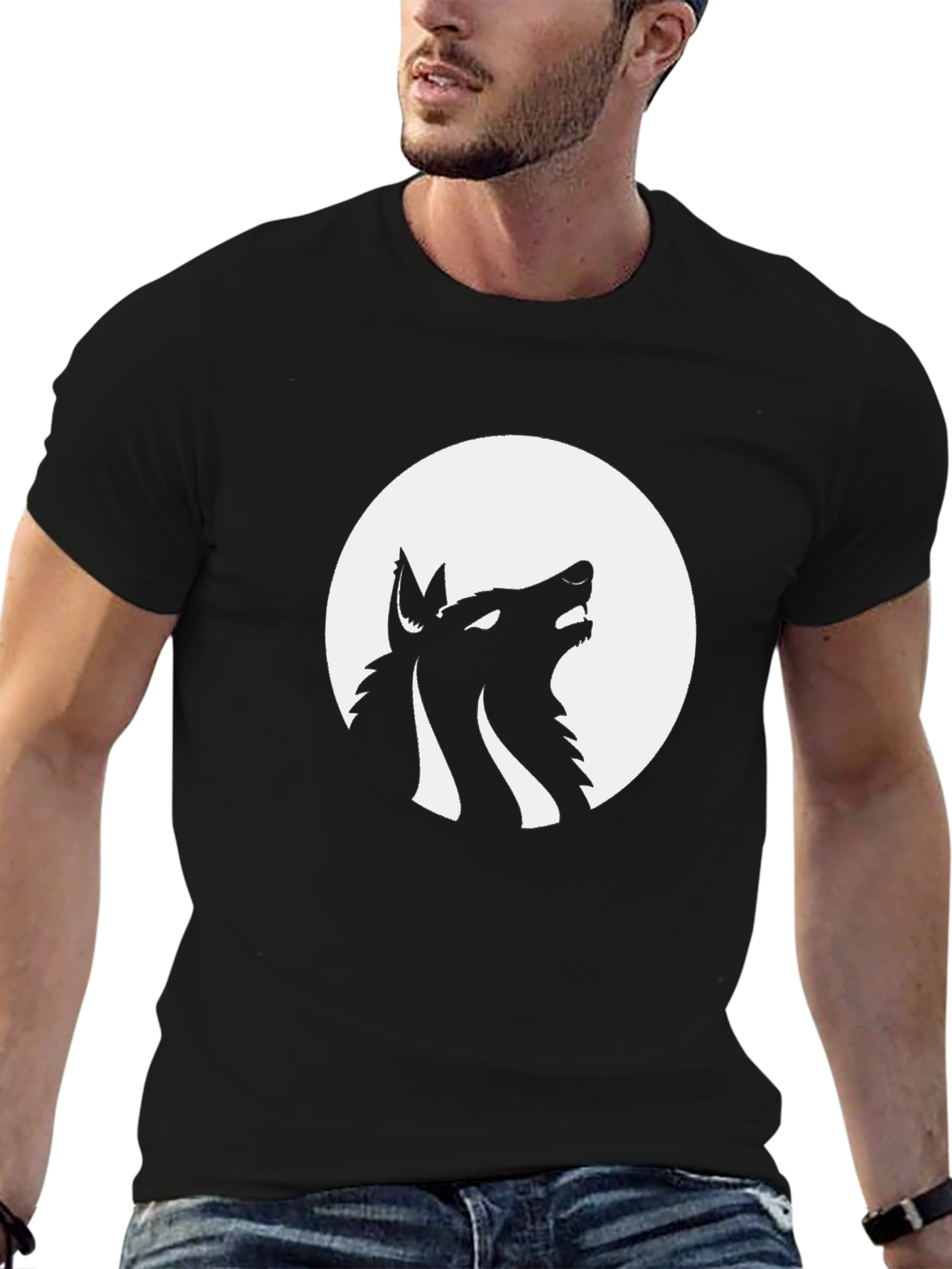 Black Wolf Howling at Moon Graphic Tee - Black Cotton Blend view 6
