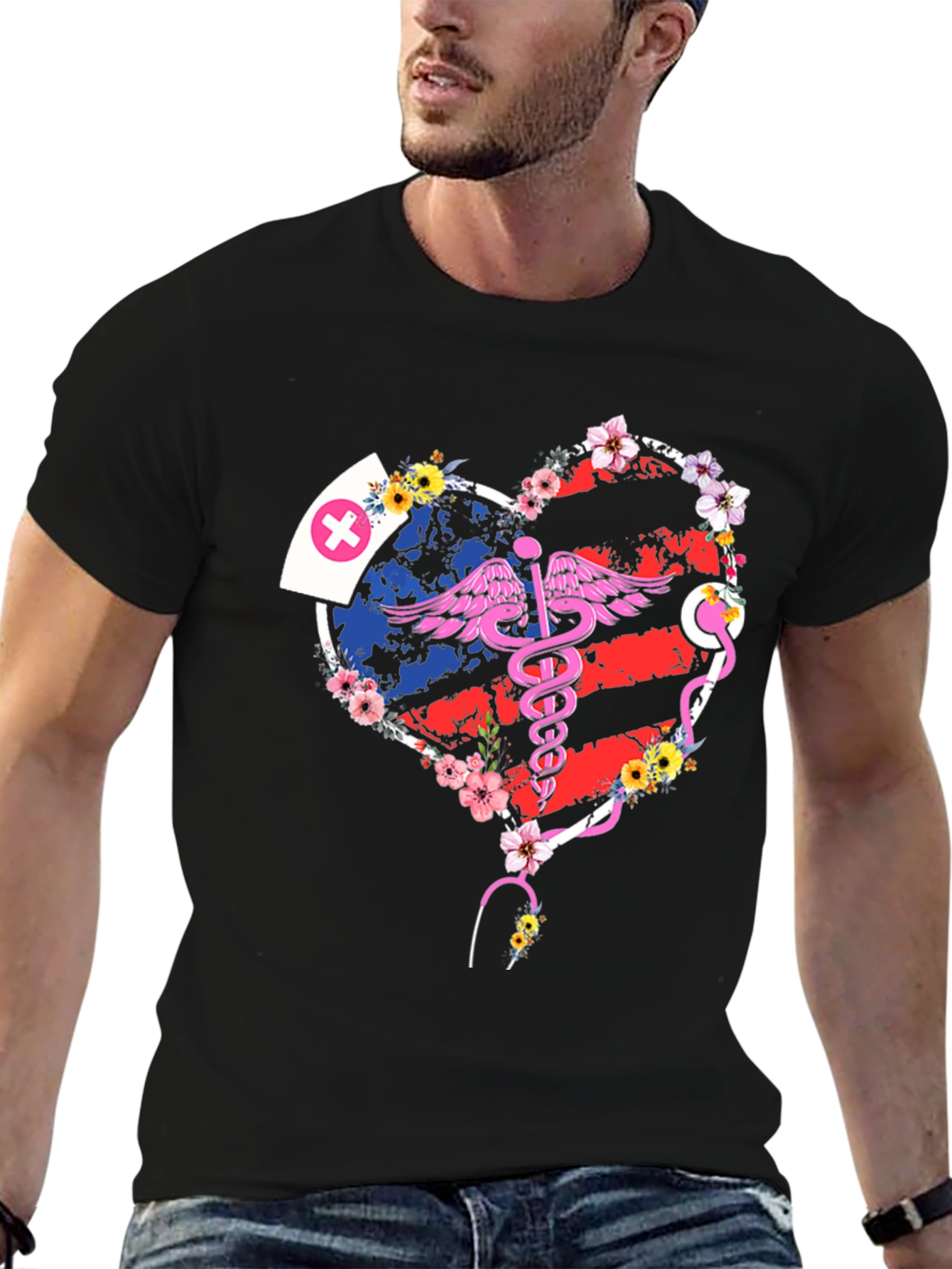 Black Nurse American Flag Heart T-Shirt view 6