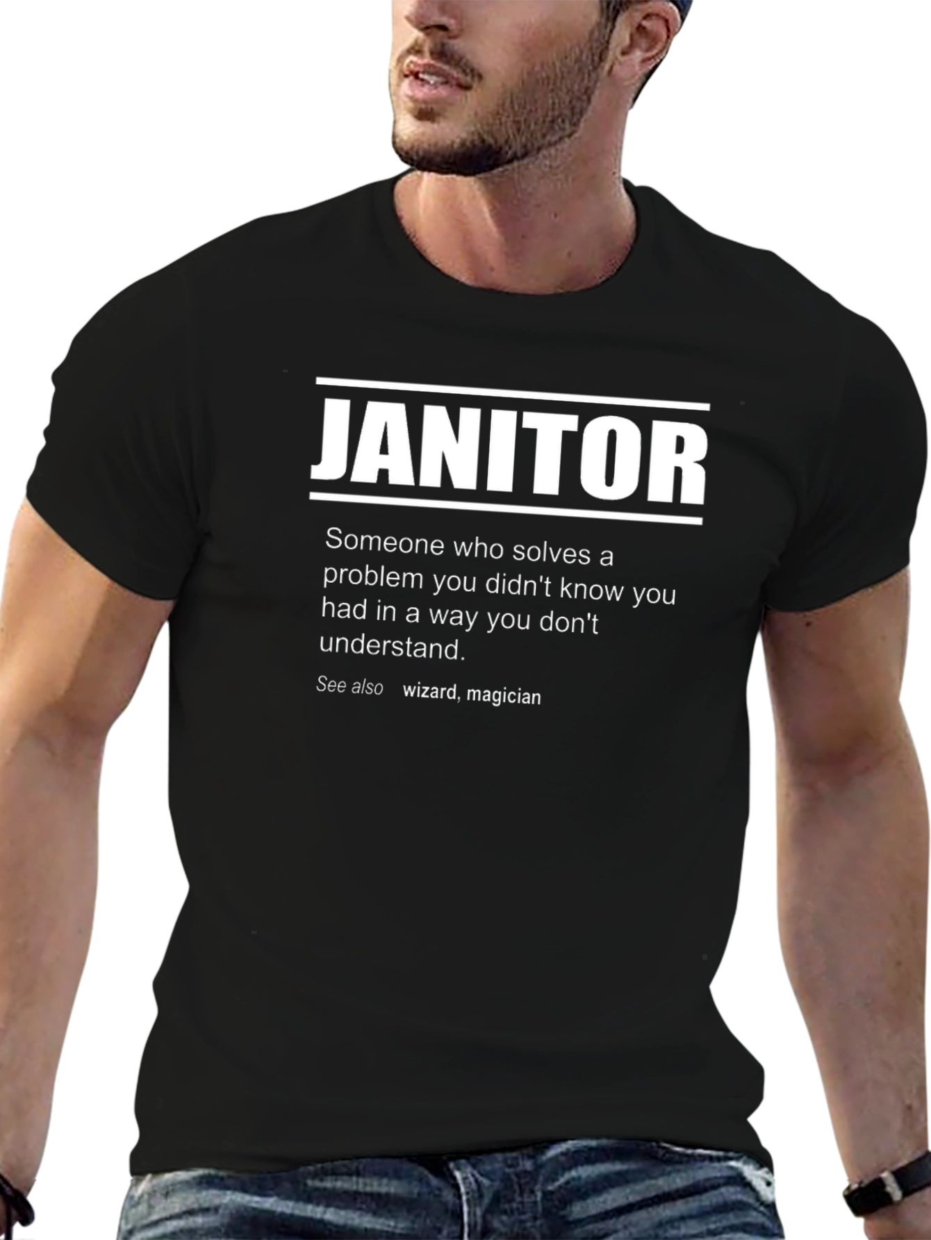 Black Janitor Definition T-Shirt - Problem Solver, Wizard, Magician view 6
