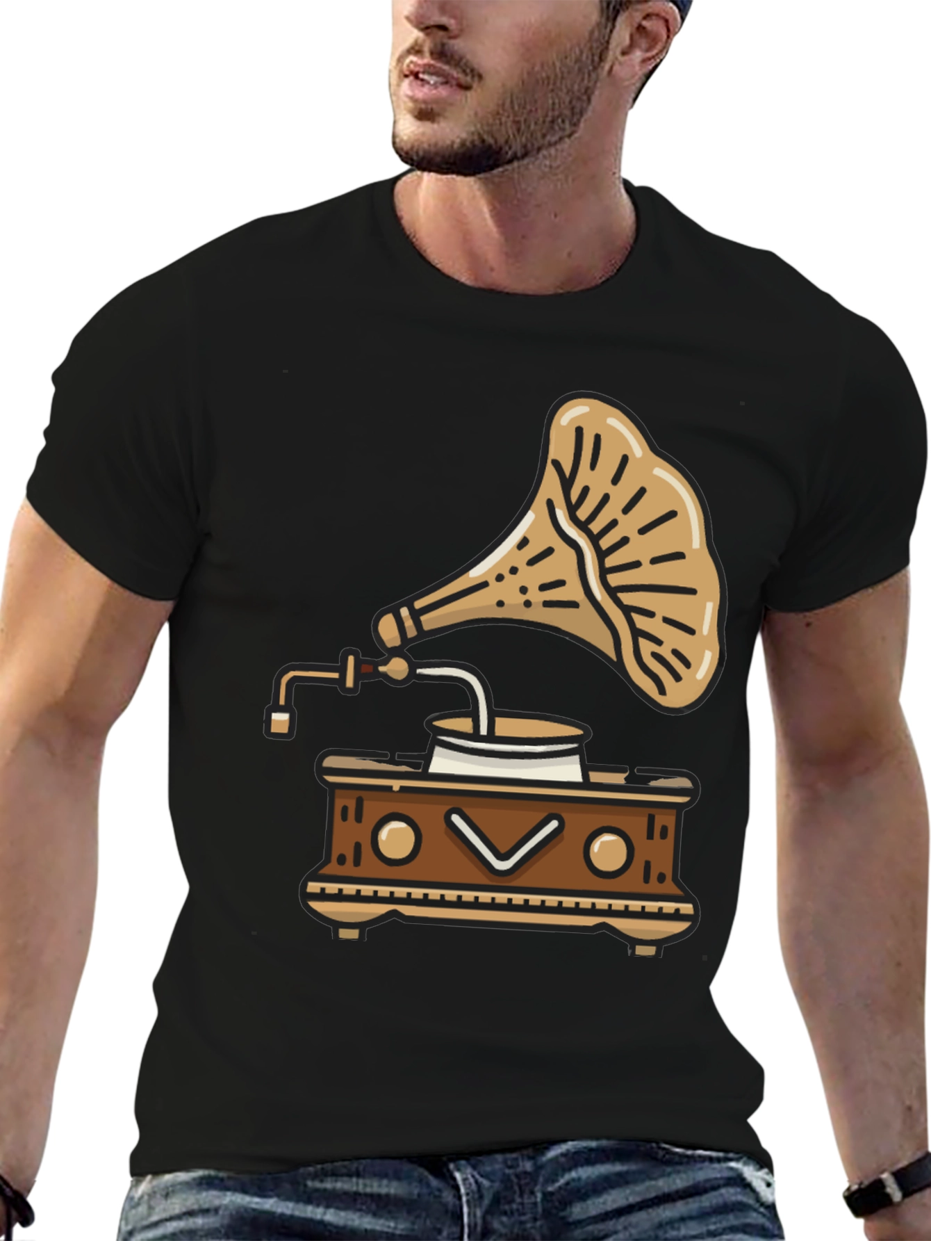 Black Vintage Gramophone T-Shirt - Retro Music Style view 6