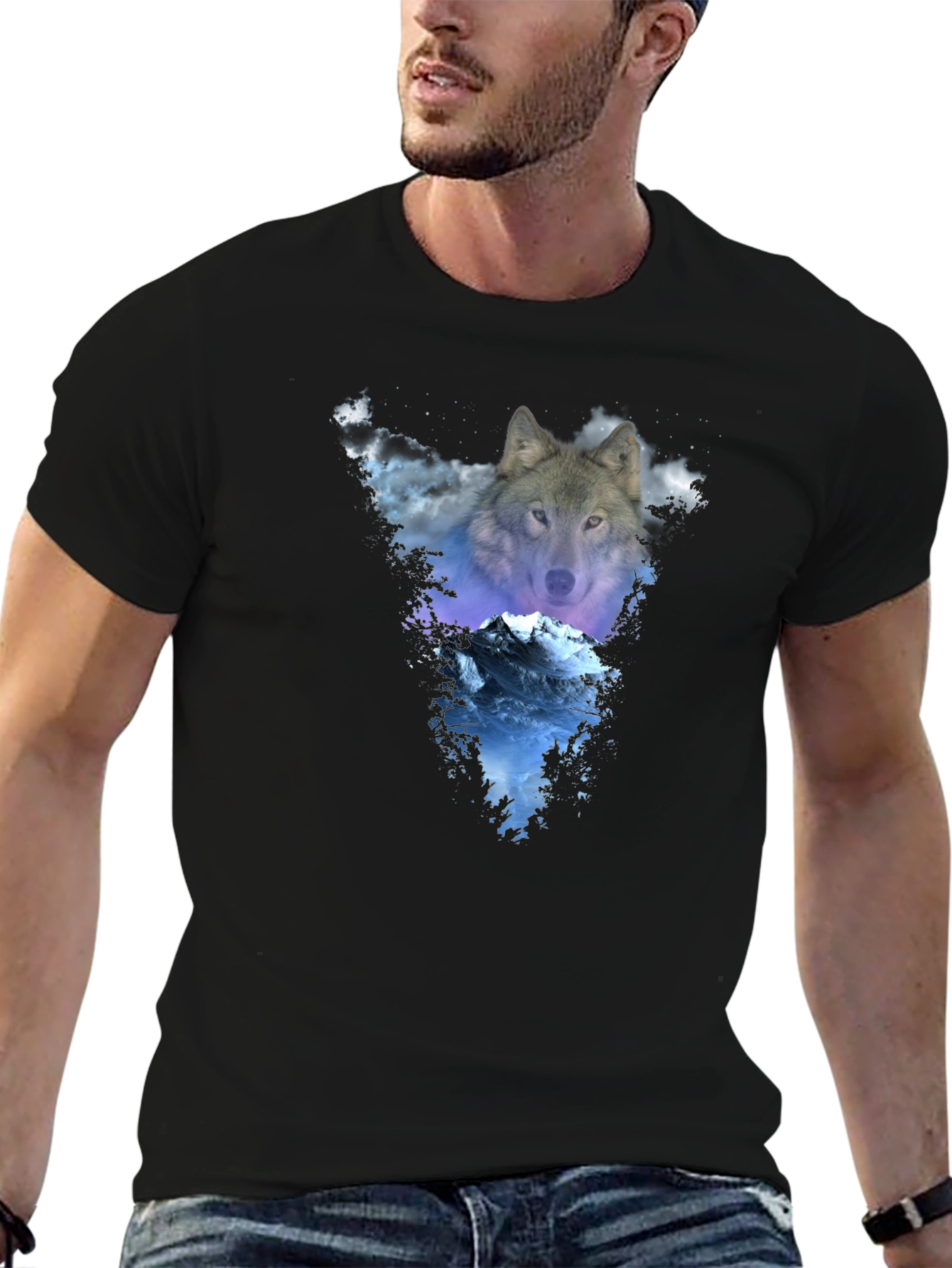 Black Wolf & Mountain Graphic Black T-Shirt view 6