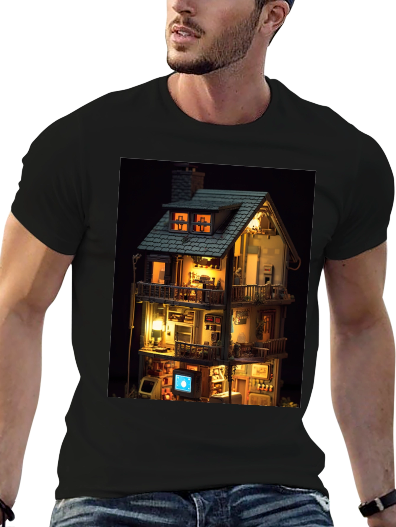 Black Architectural Dollhouse Graphic Tee - Unique Design view 6
