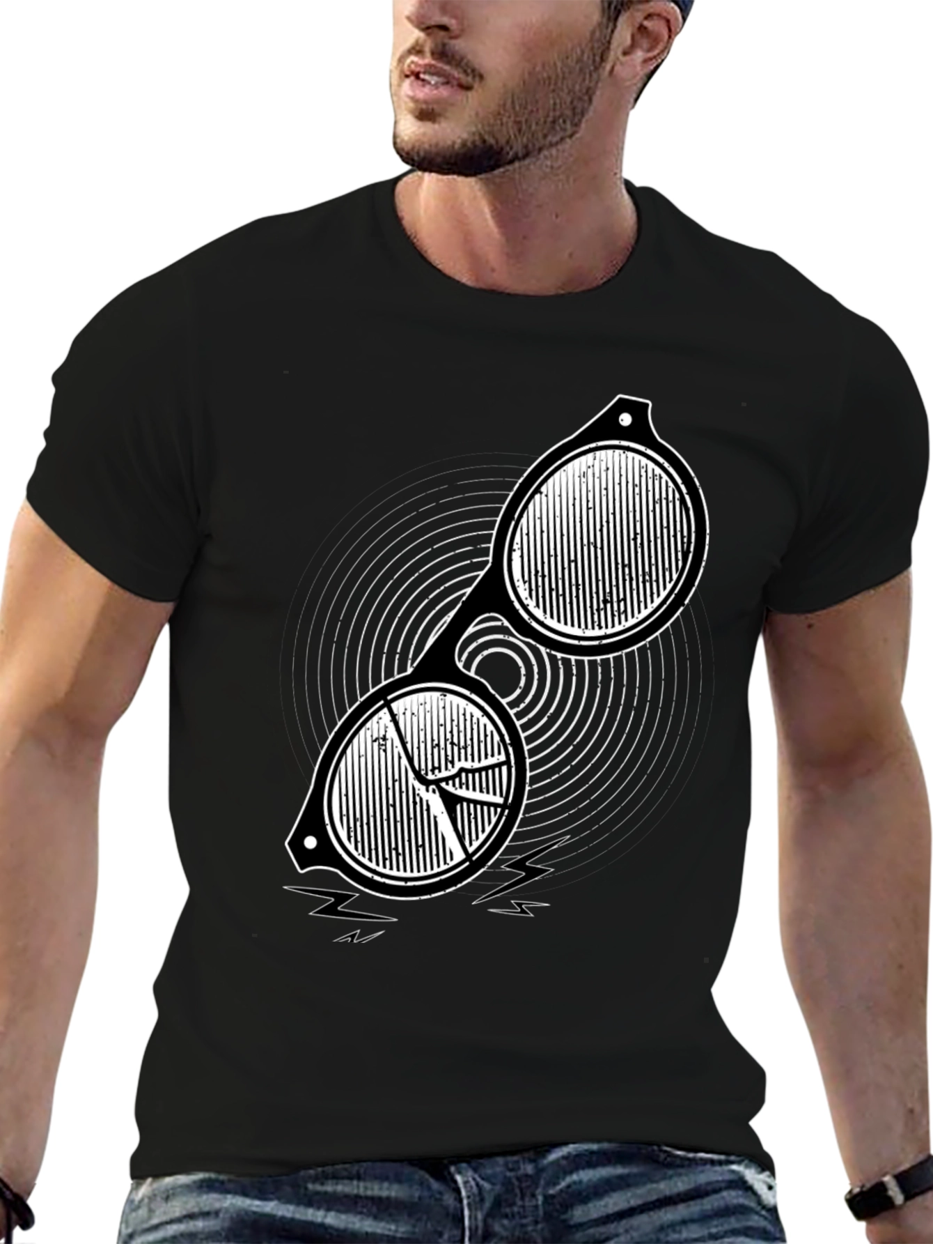 Black Men's Black Graphic Tee - Retro Sunglasses Design view 6