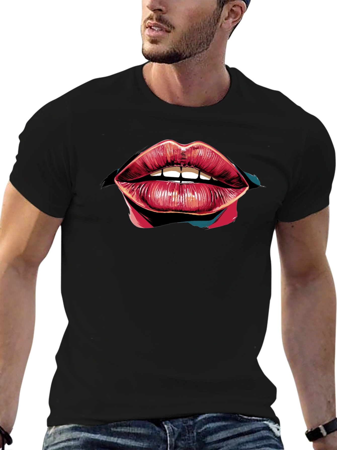 Black Bold Lips Graphic Black T-Shirt view 6