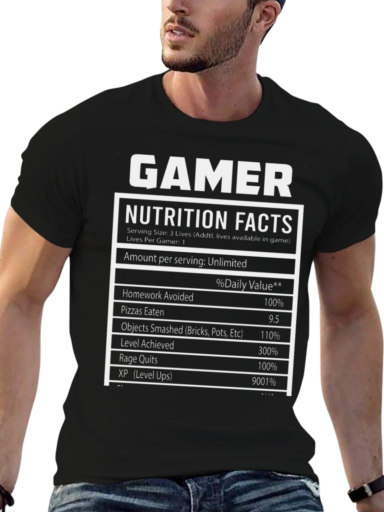 Black Gamer Nutrition Facts Novelty T-Shirt view 6