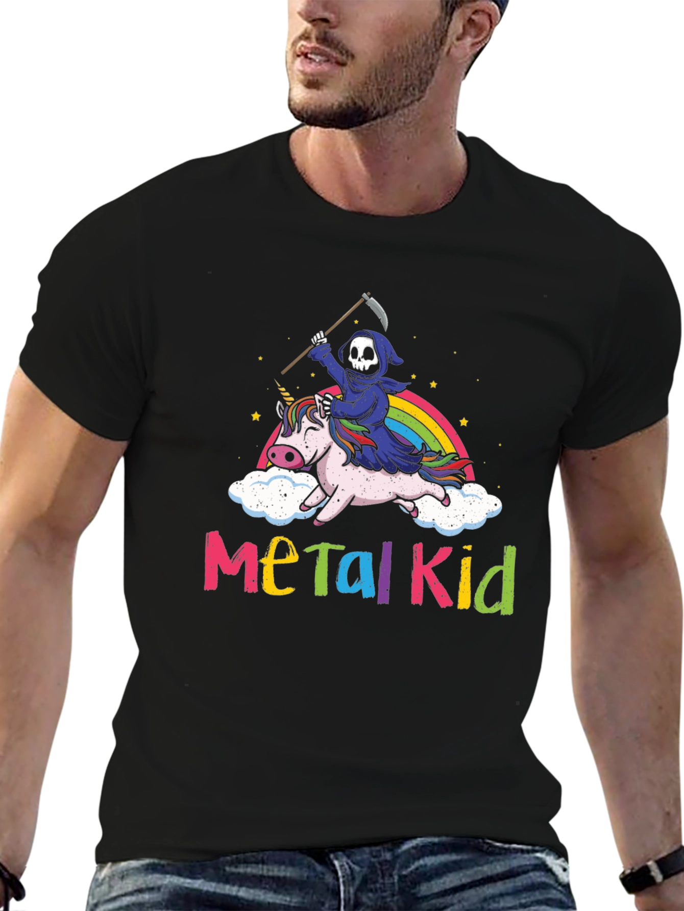 Black Metal Kid Grim Reaper Unicorn Rainbow T-Shirt view 6