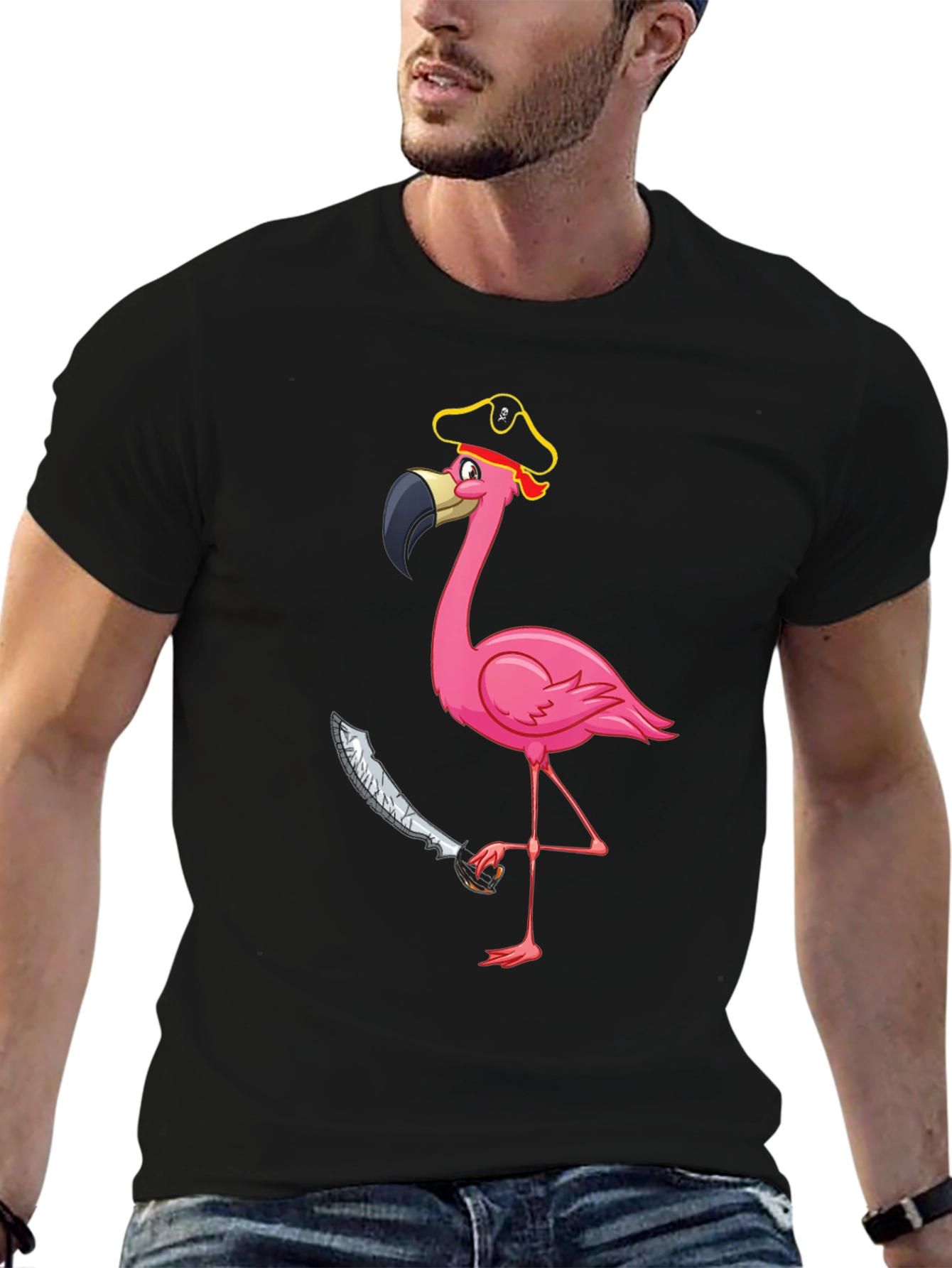 Black Pirate Flamingo Graphic Tee - Men's Black T-Shirt view 6