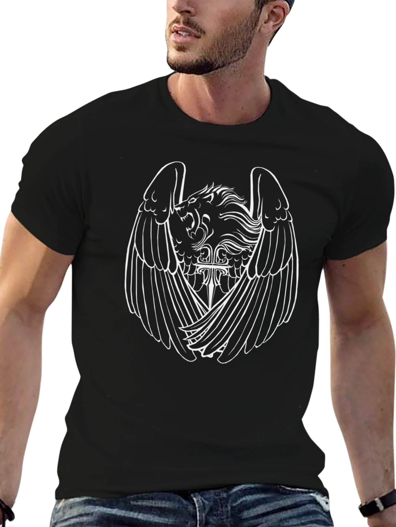 Black Lion with Wings Graphic Print Black T-Shirt view 6