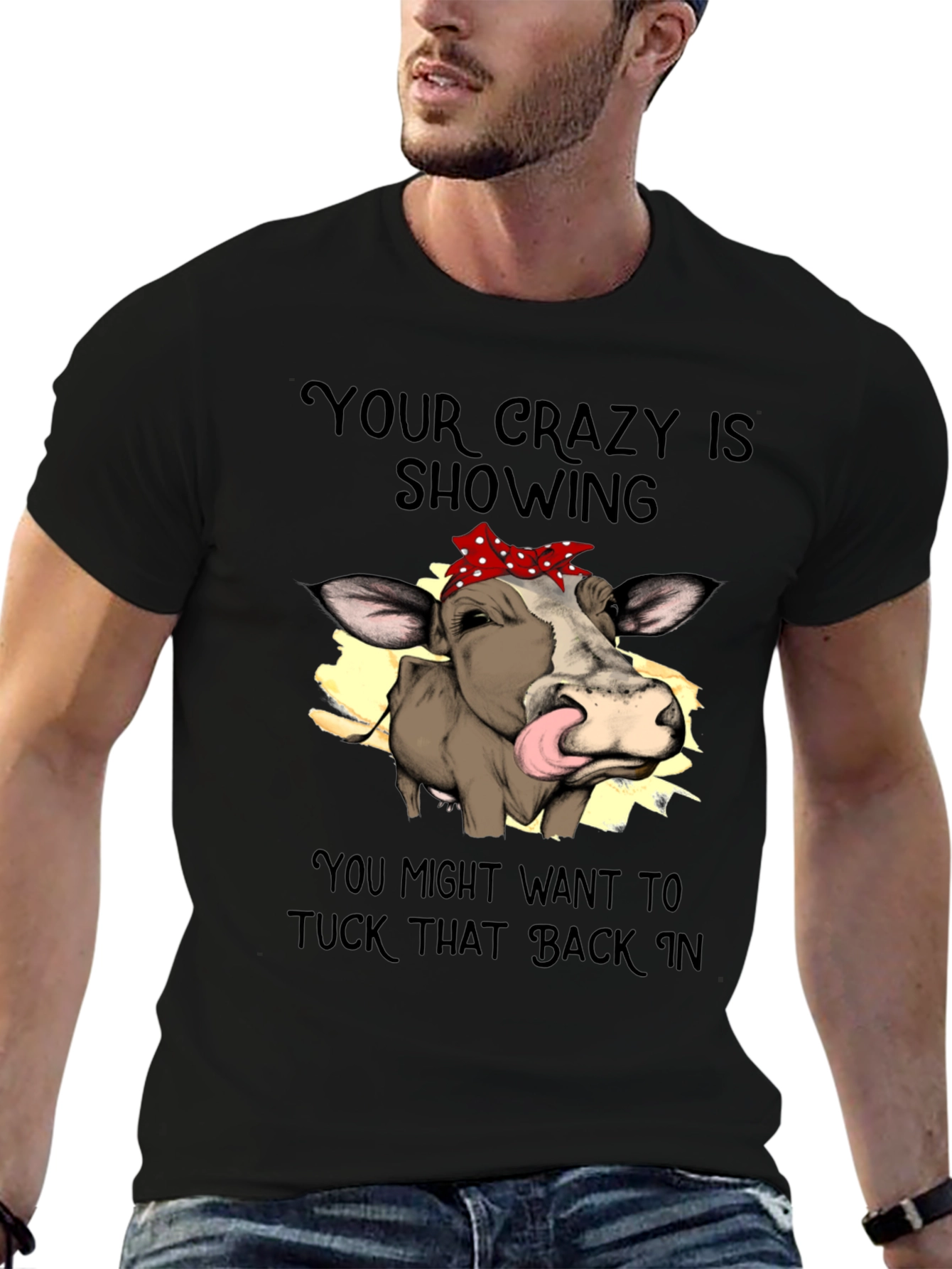 Black Crazy Cow Tongue Out T-Shirt view 6