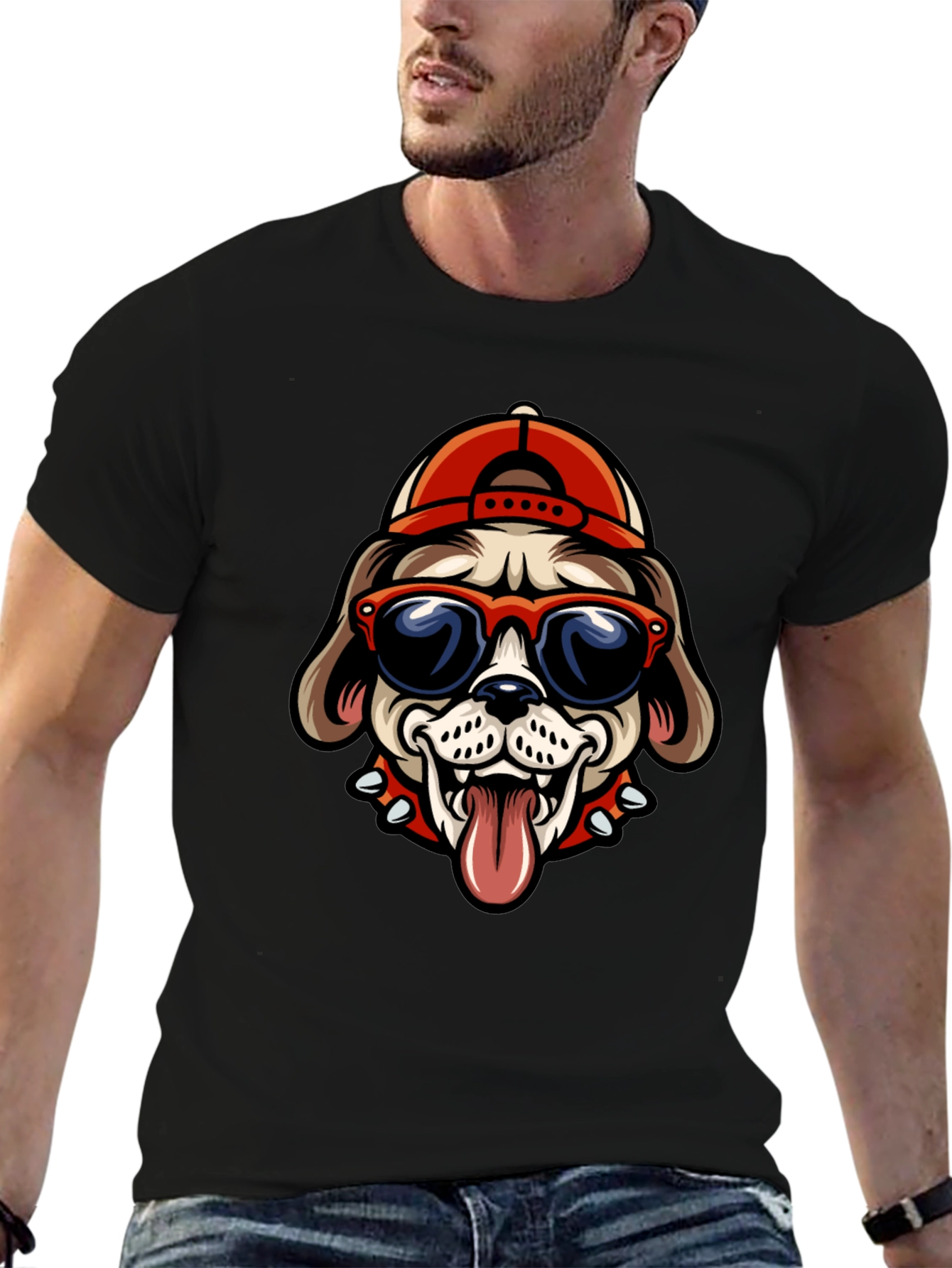 Black Cool Dog Tee: Cartoon Bulldog with Cap & Shades view 6