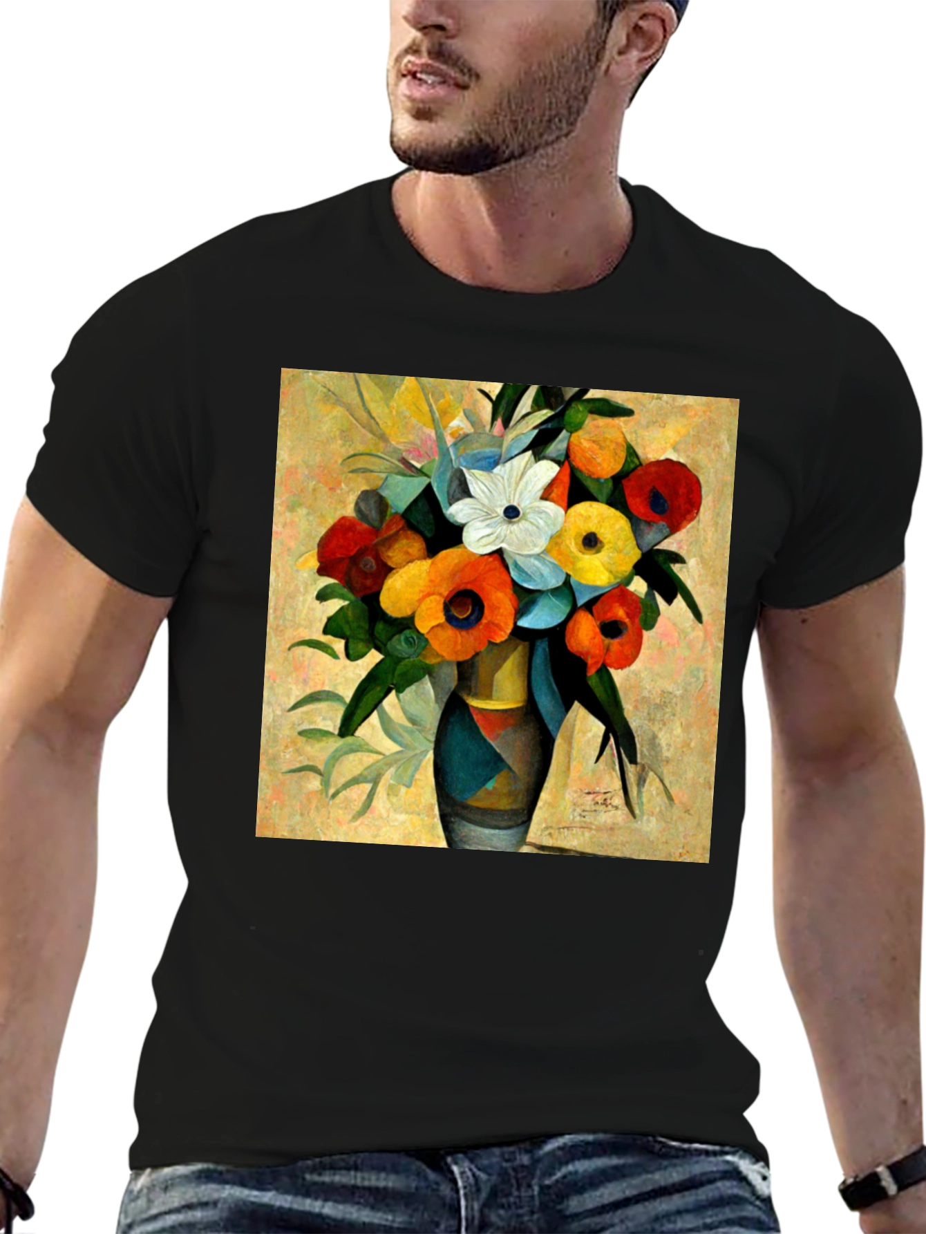 Black Floral Vase Print Black T-Shirt view 6