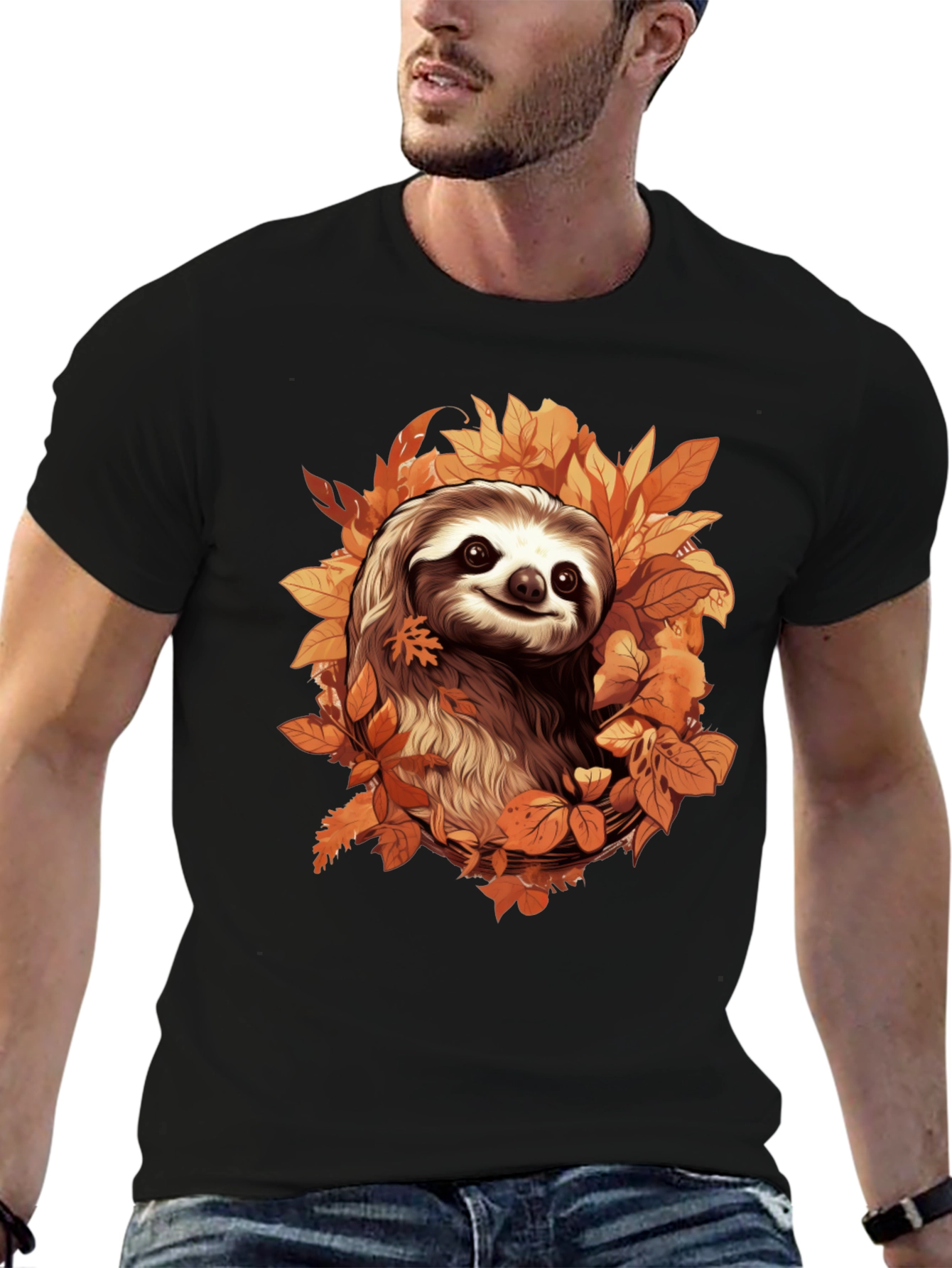 Black Sloth in Autumn Leaves Graphic T-Shirt view 6