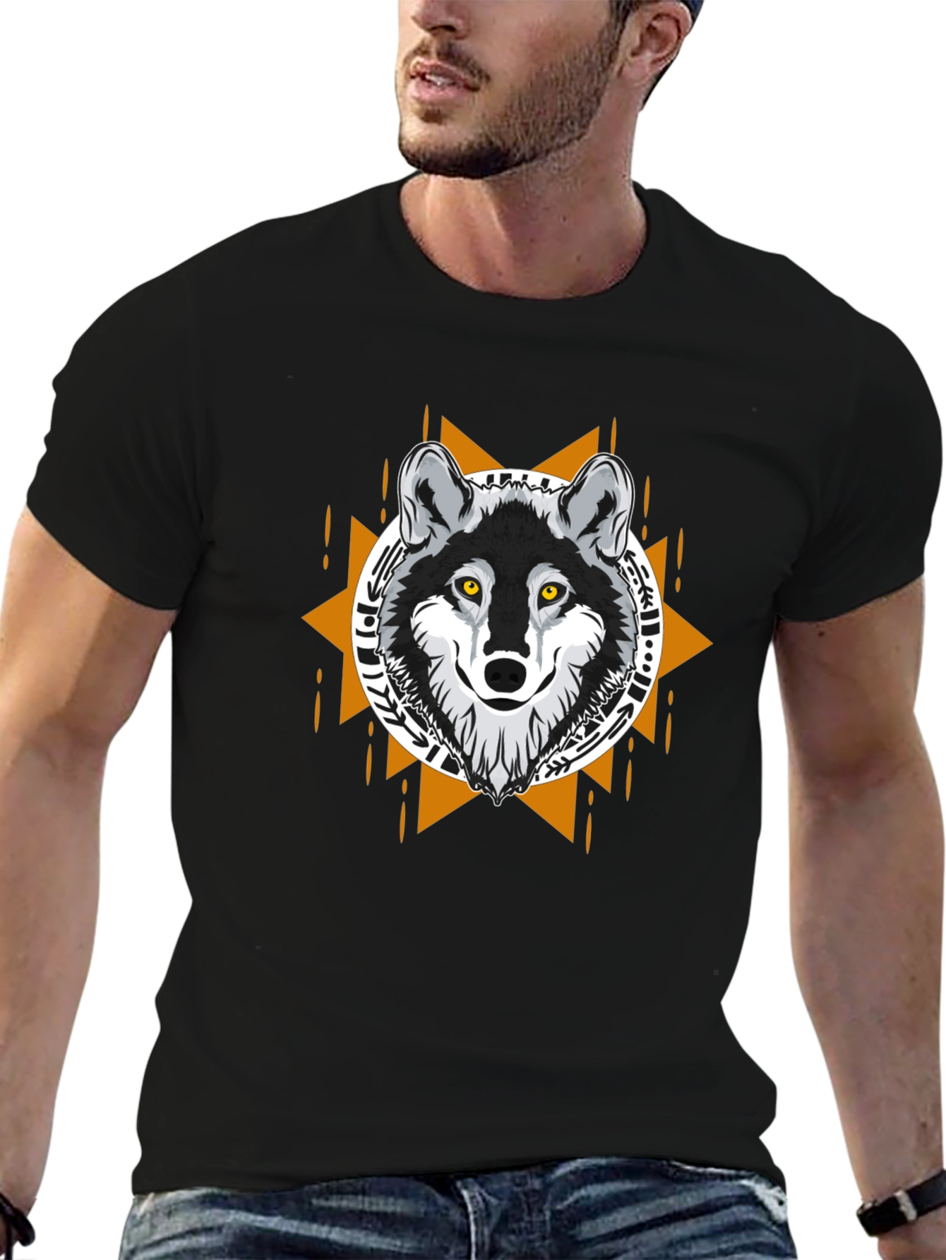 Black Wolf Graphic Tee - Tribal Design Black T-Shirt view 6