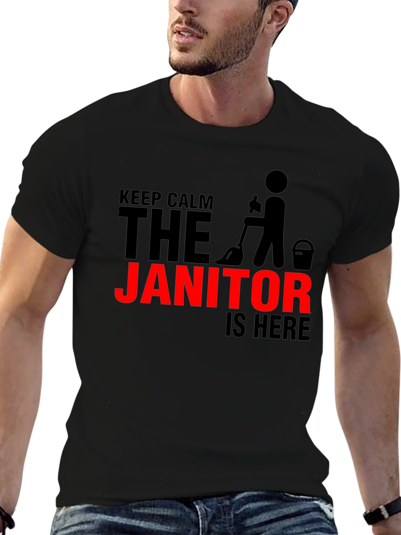 Black Keep Calm Janitor T-Shirt - Funny Cleaning Crew Tee view 6