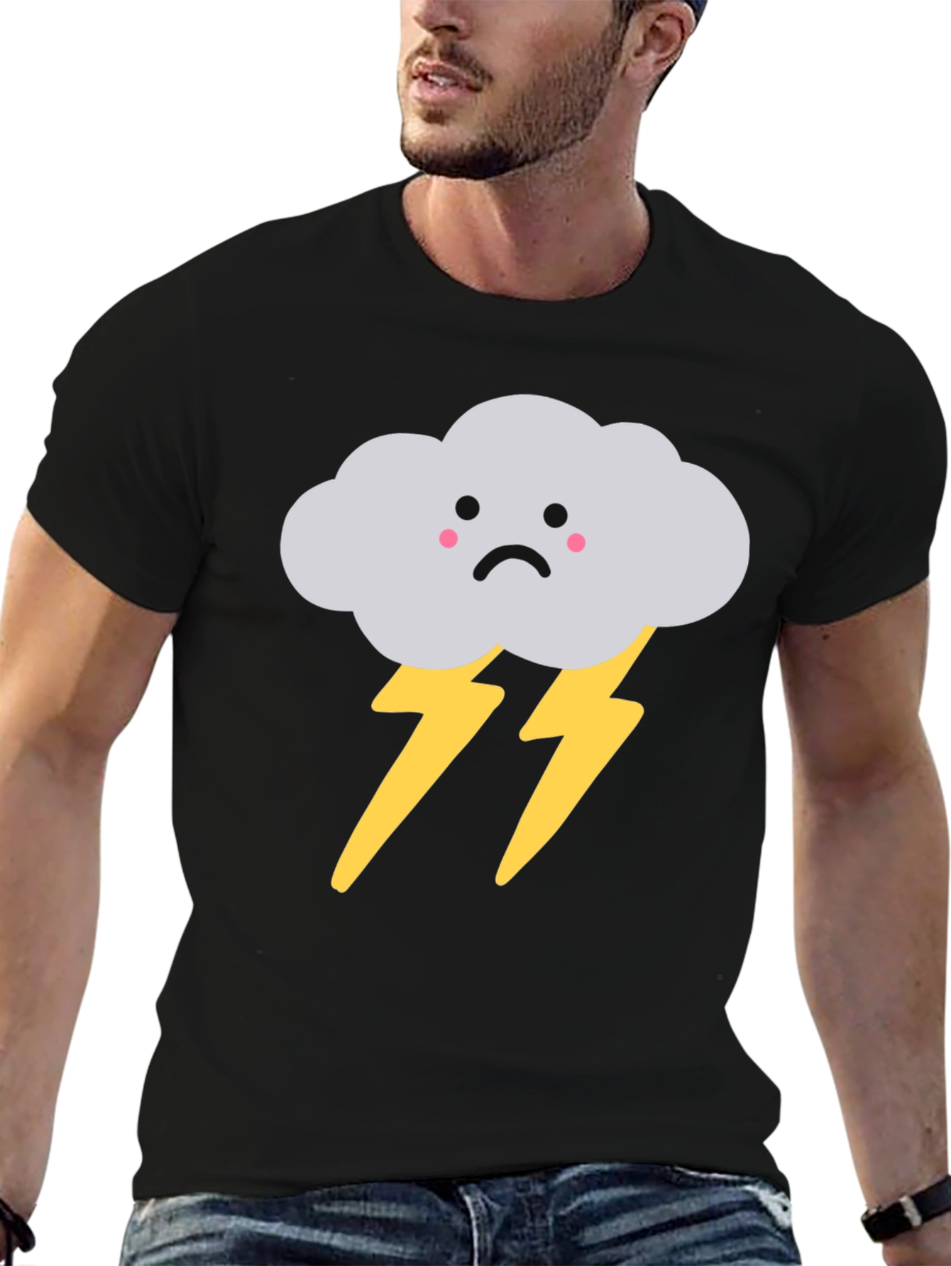 Black Sad Cloud Lightning Bolt Graphic Tee - Black view 6