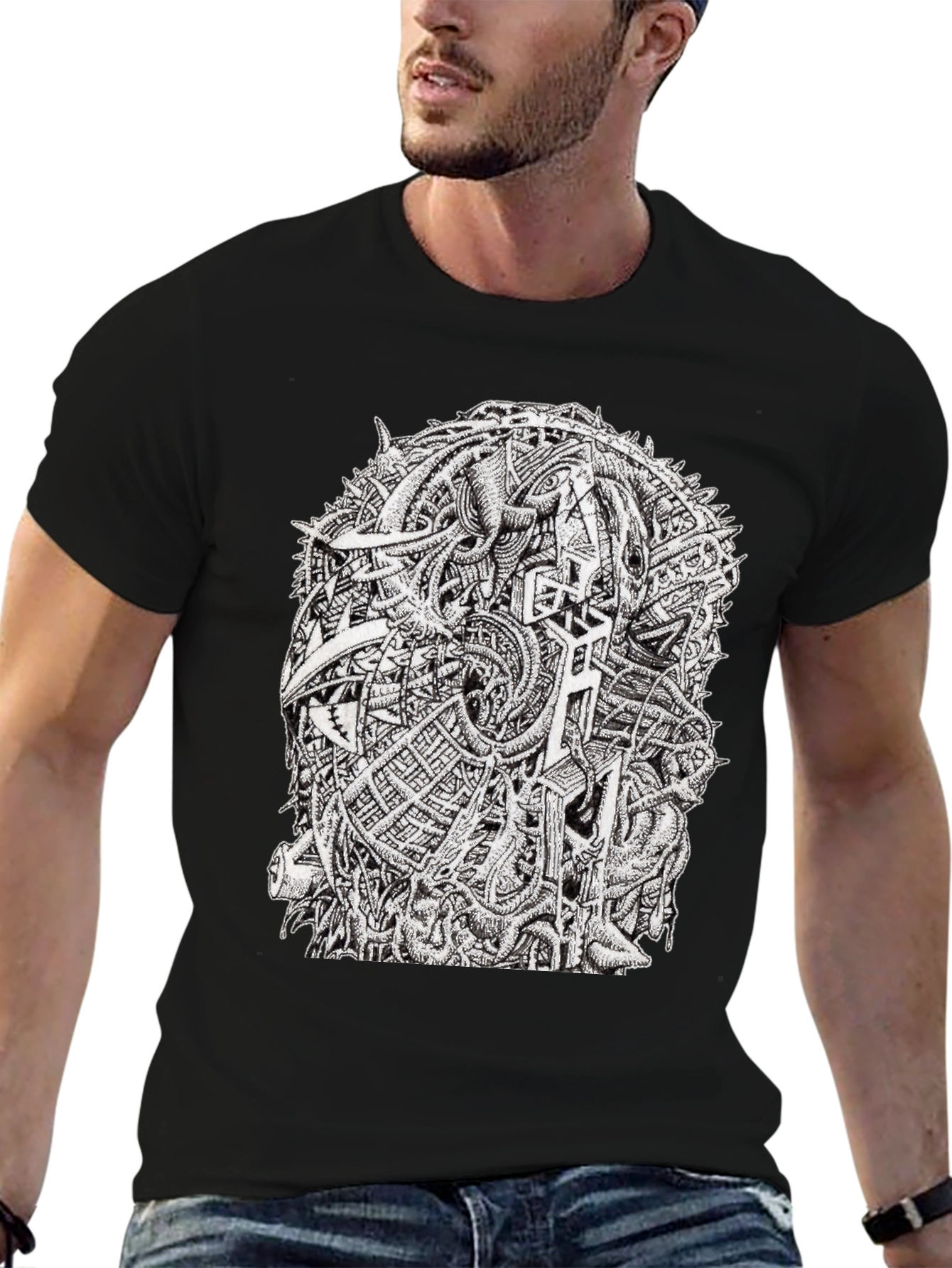 Black Abstract Graphic Tee - Black Crew Neck Cotton T-Shirt view 6