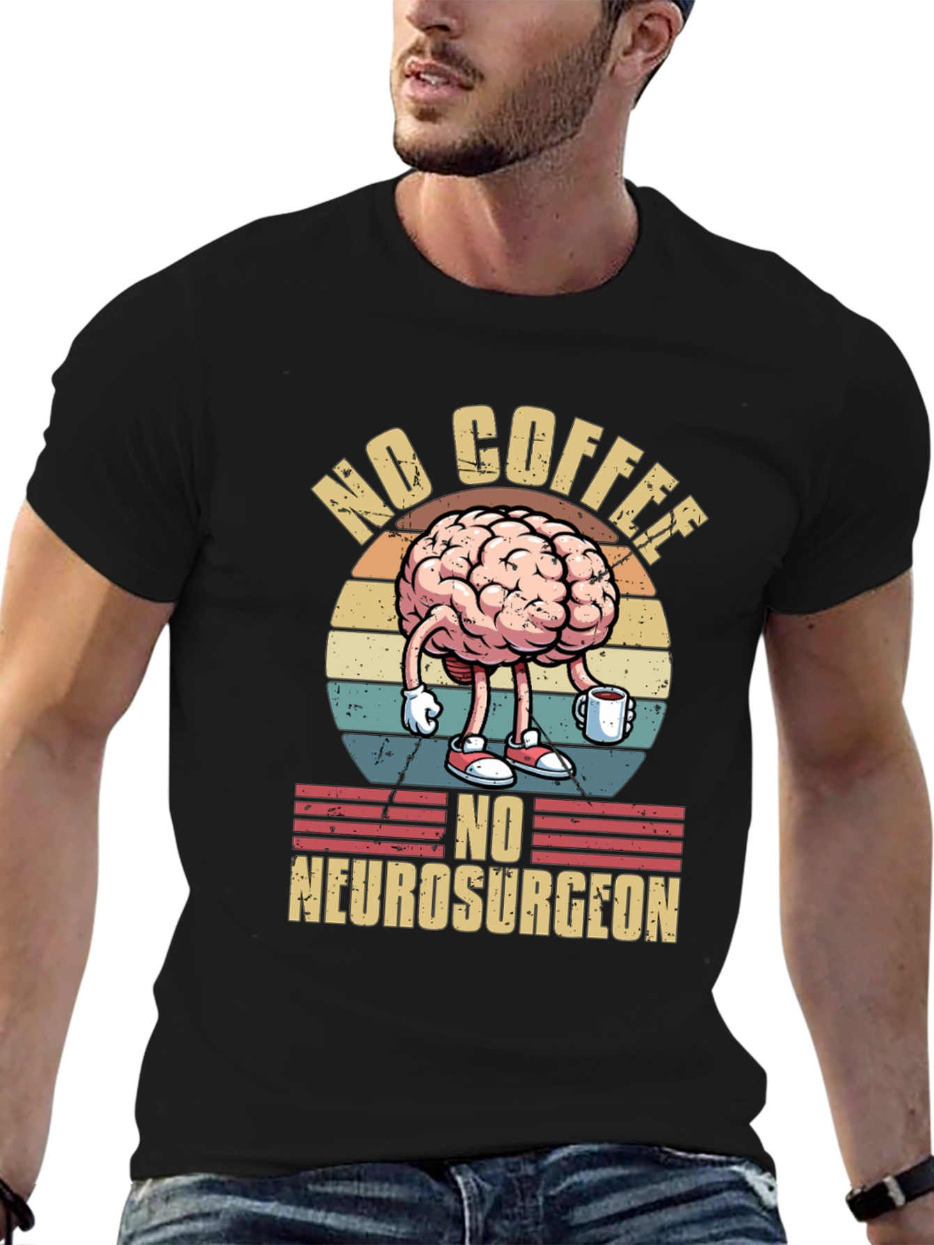 Black Funny Brain No Coffee No Neurosurgeon T-Shirt view 6