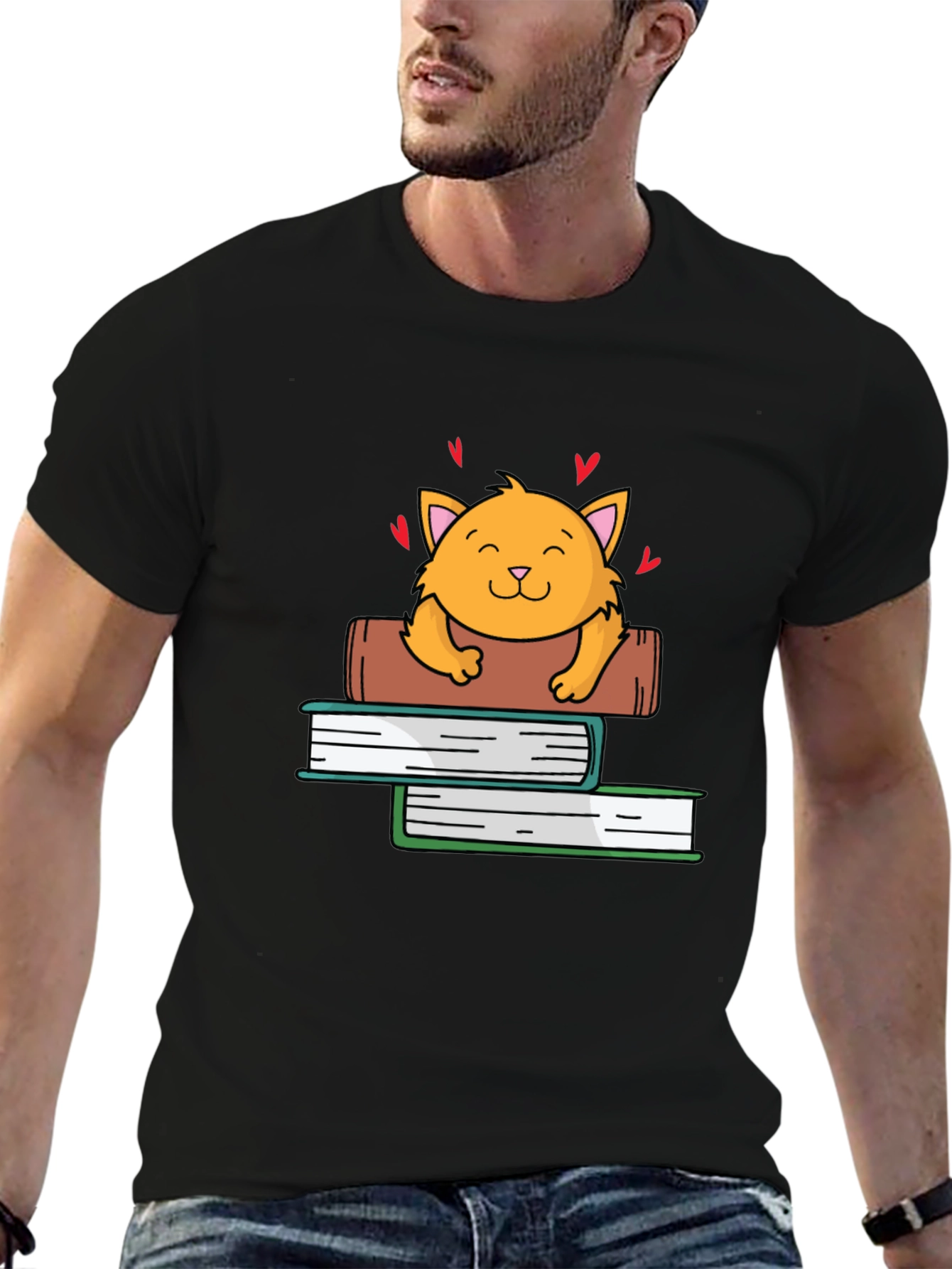 Black Cute Cat on Books Graphic Tee view 6