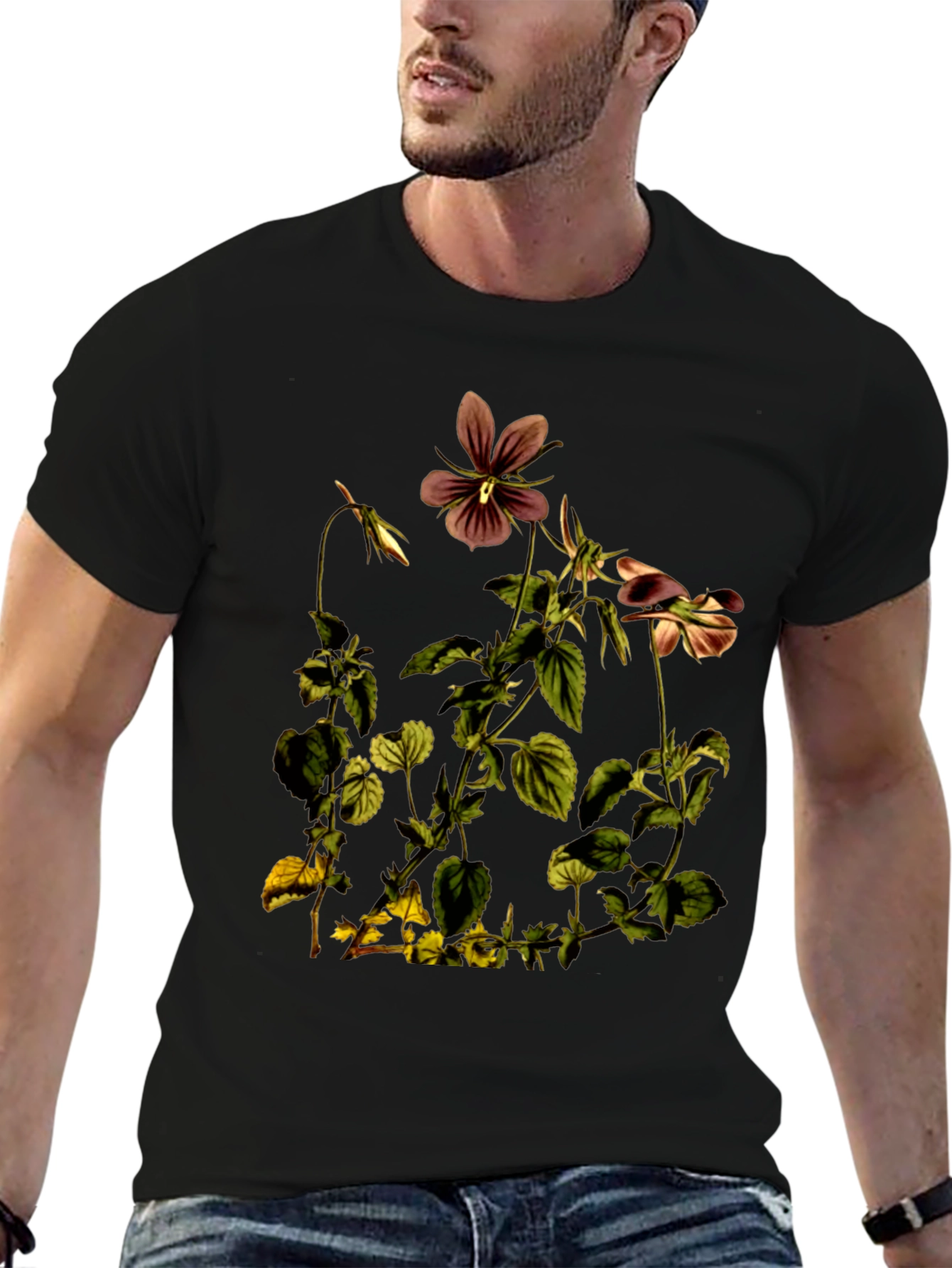 Black Botanical Flower Graphic Print T-Shirt view 6