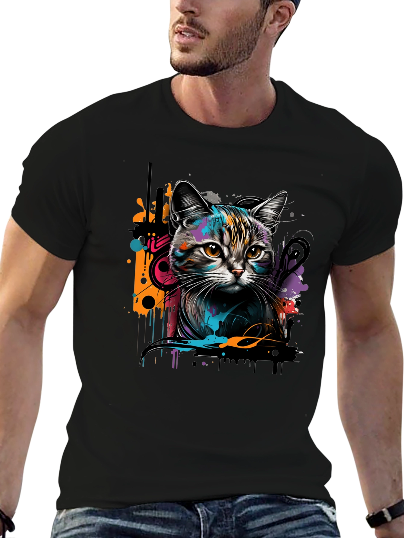Black Cool Cat Graphic Print Black T-Shirt view 6