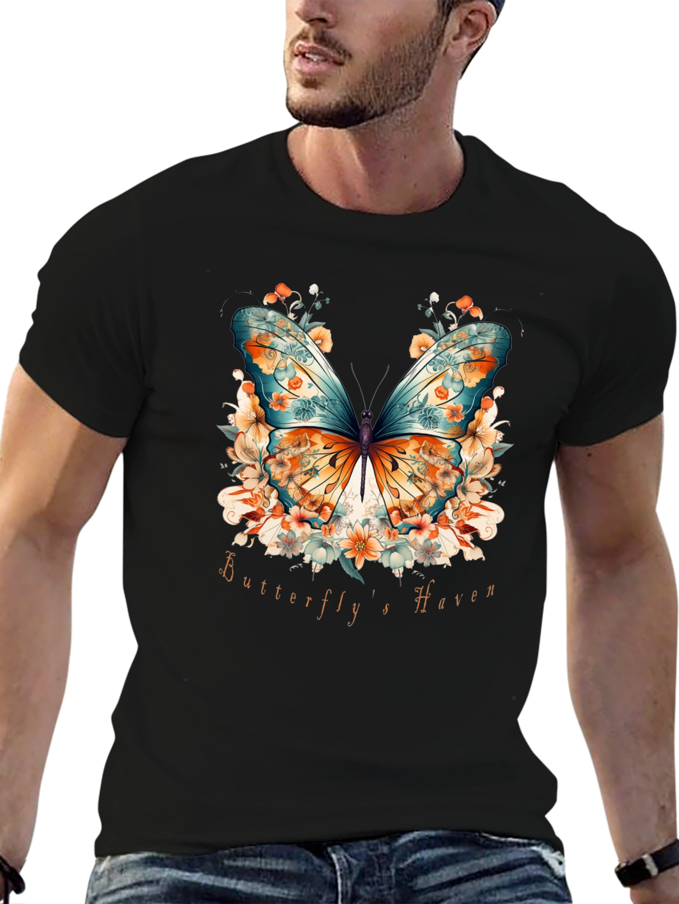 Black Butterfly Haven Graphic Tee - Stylish Nature Design view 6