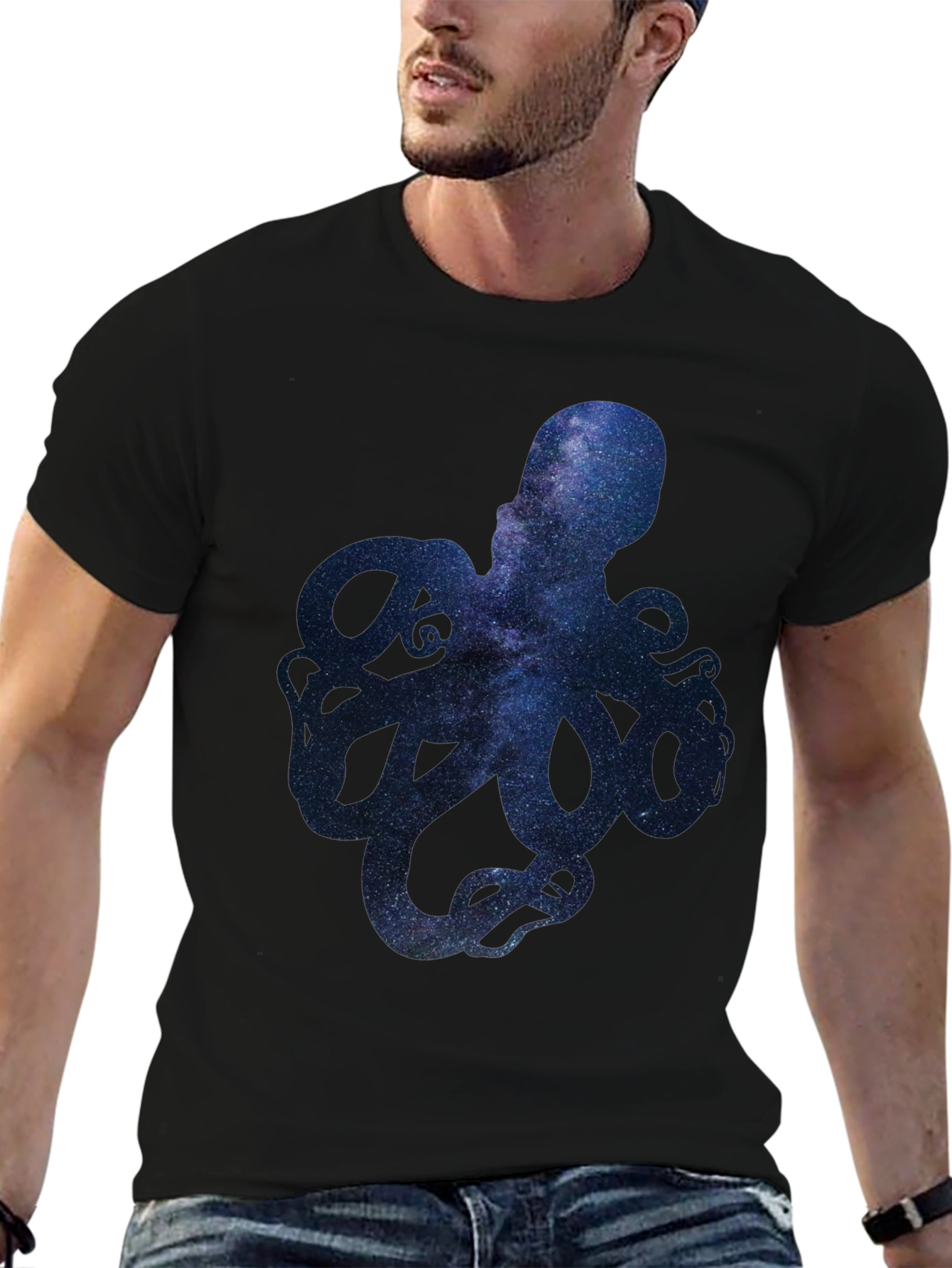 Black Galaxy Octopus Graphic Print Men's T-Shirt view 6