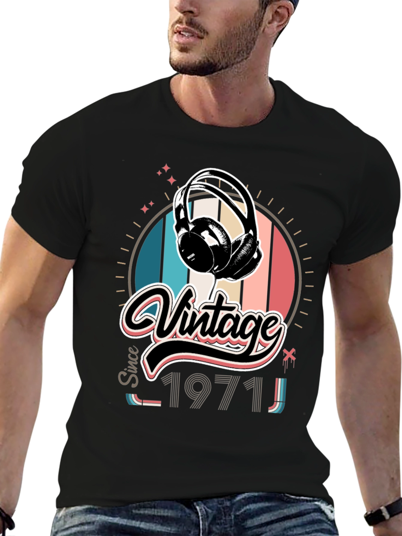 Black Vintage Since 1971 Headphones Graphic T-Shirt view 6