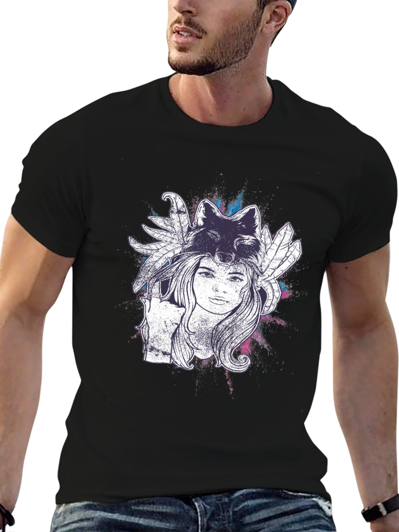 Black Wolf Spirit Graphic Tee - Black Cotton T-Shirt view 6