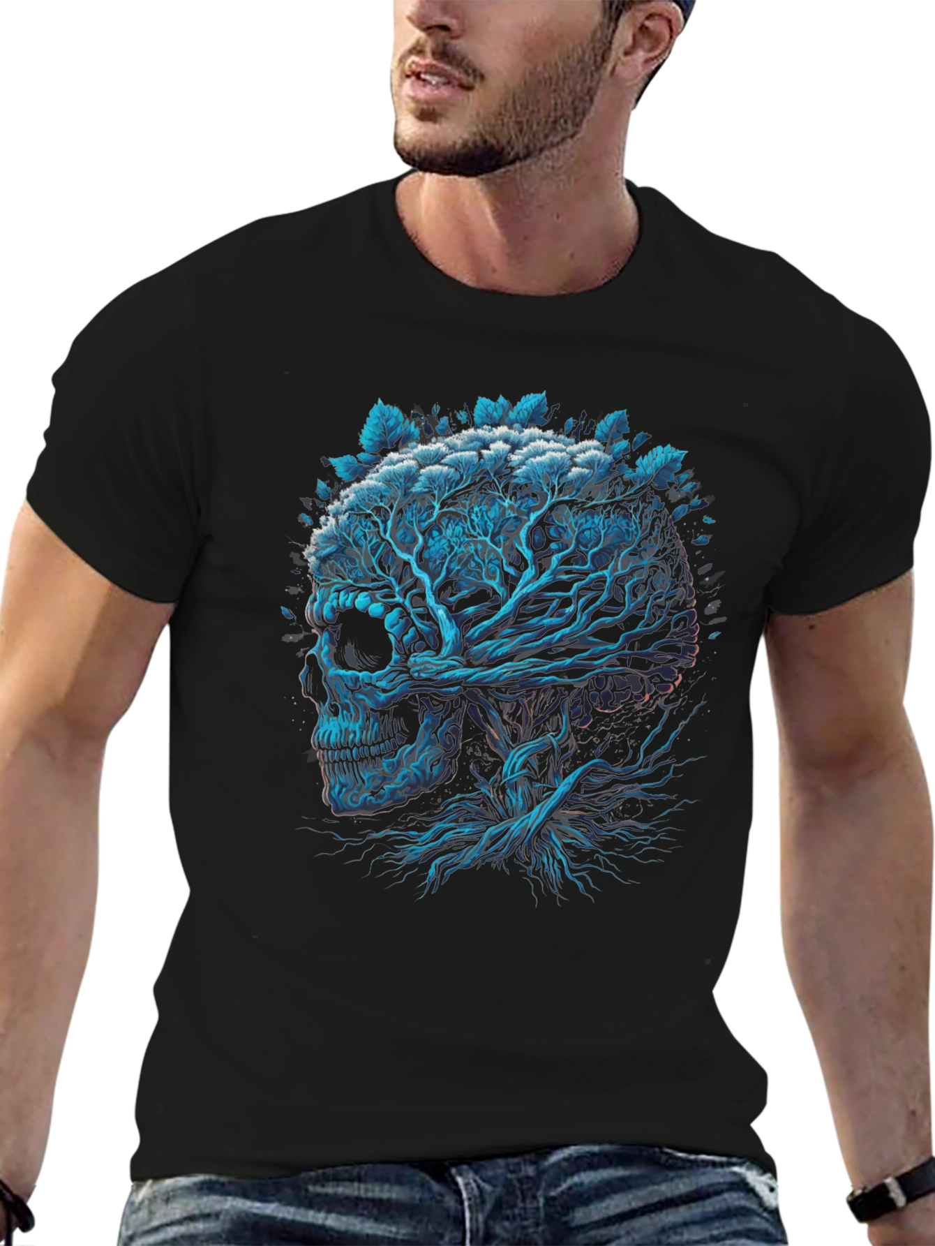 Black Skull Tree Graphic Print Black T-Shirt view 6