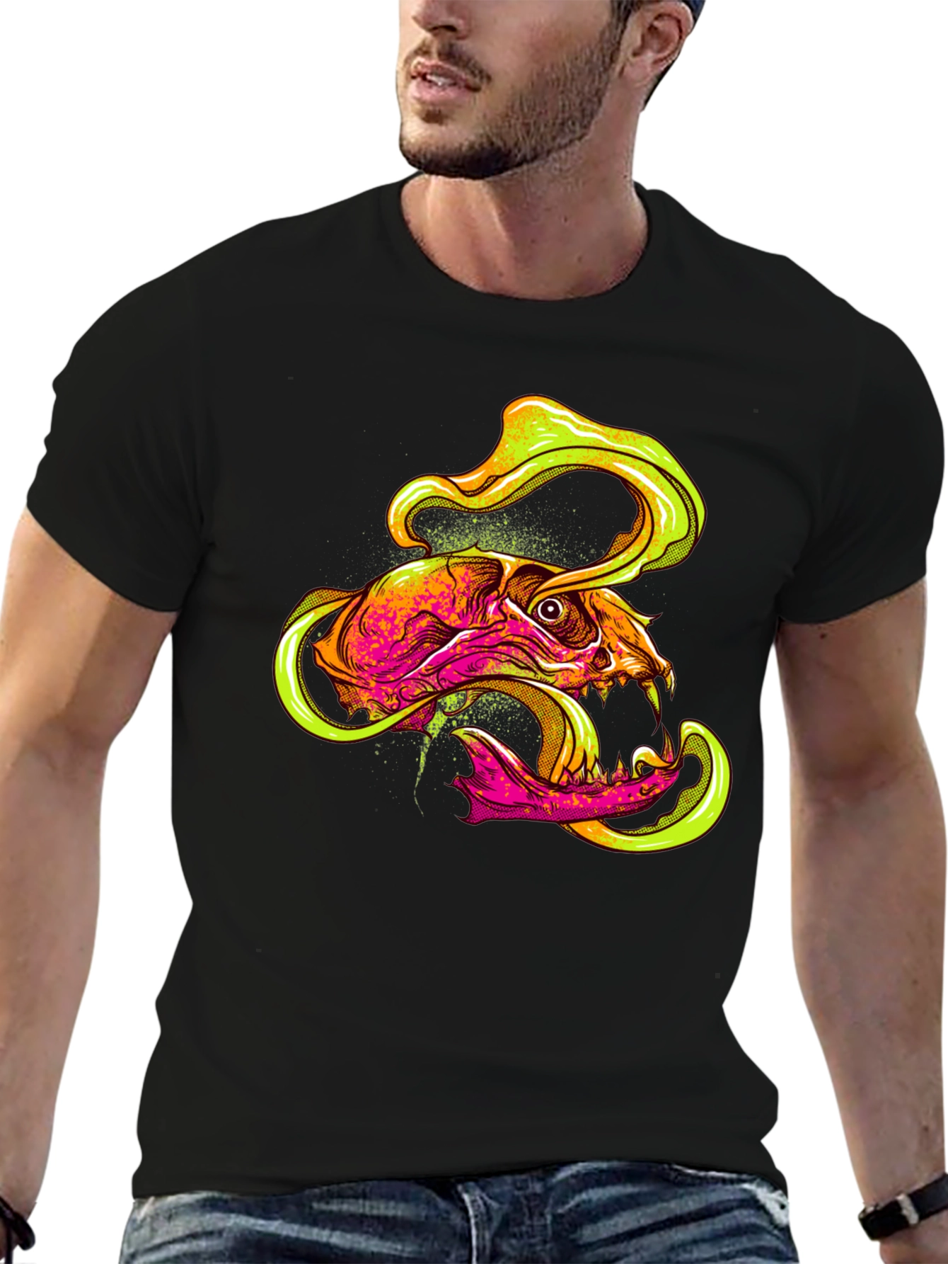 Black Skull Graphic Print T-Shirt - Vivid Neon Design view 6