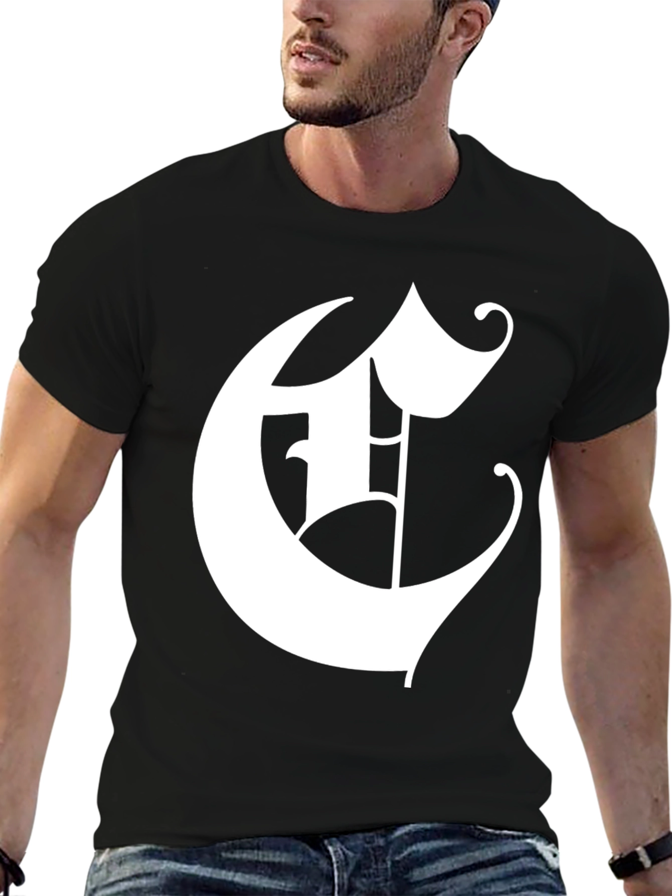 Black Bold Initial 'E' Graphic Tee - Black Cotton Blend view 6