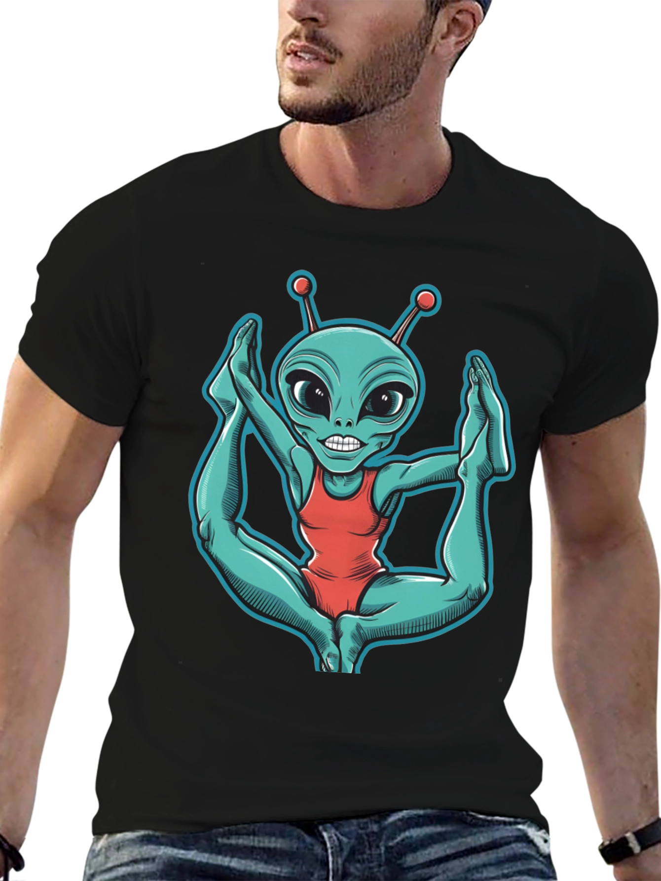 Black Alien Yoga T-Shirt - Funny Extraterrestrial Tee view 6