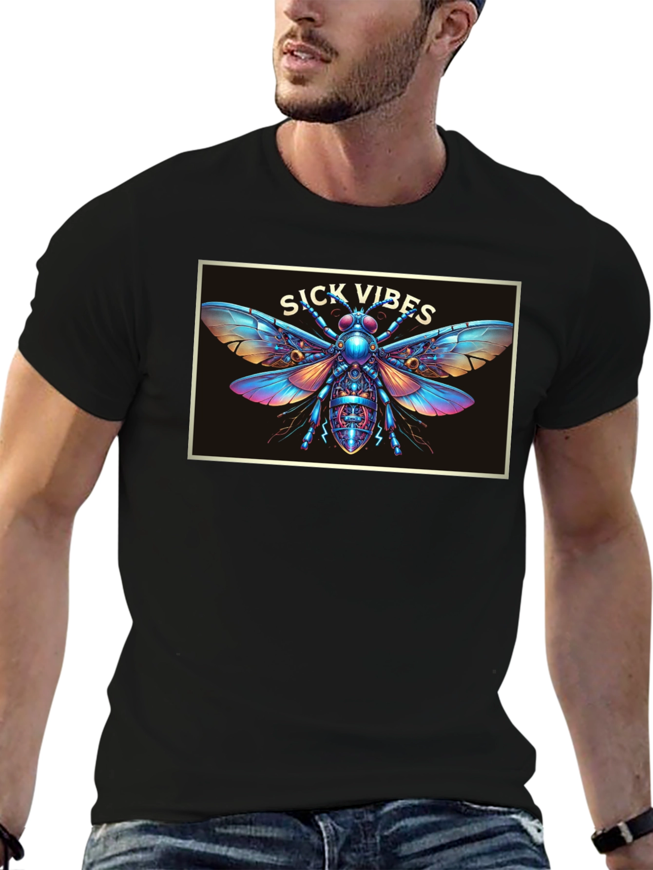 Black Sick Vibes Graphic T-Shirt - Unique Insect Design view 6