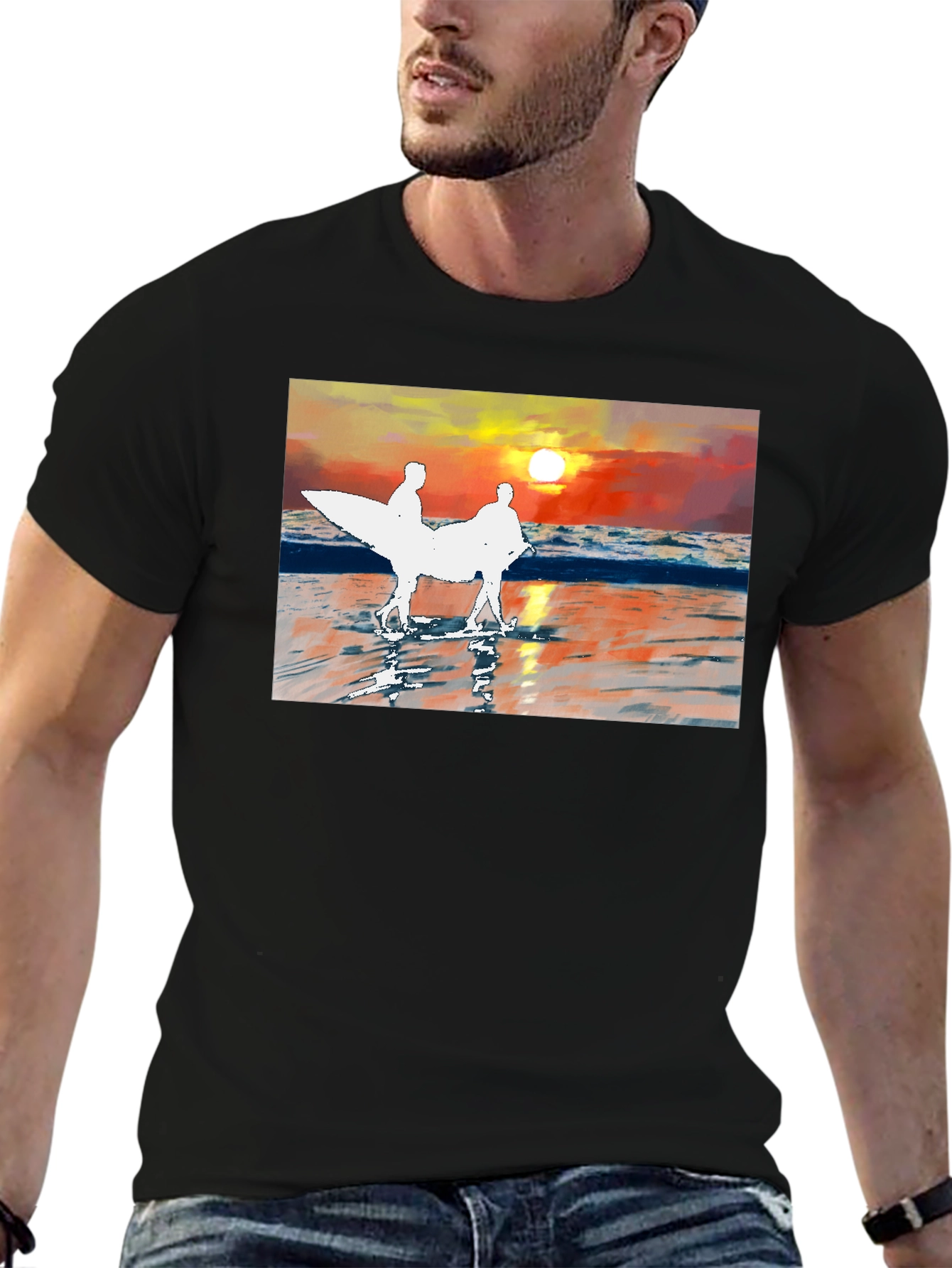 Black Sunset Surfer Graphic Tee - Black Cotton T-Shirt view 6