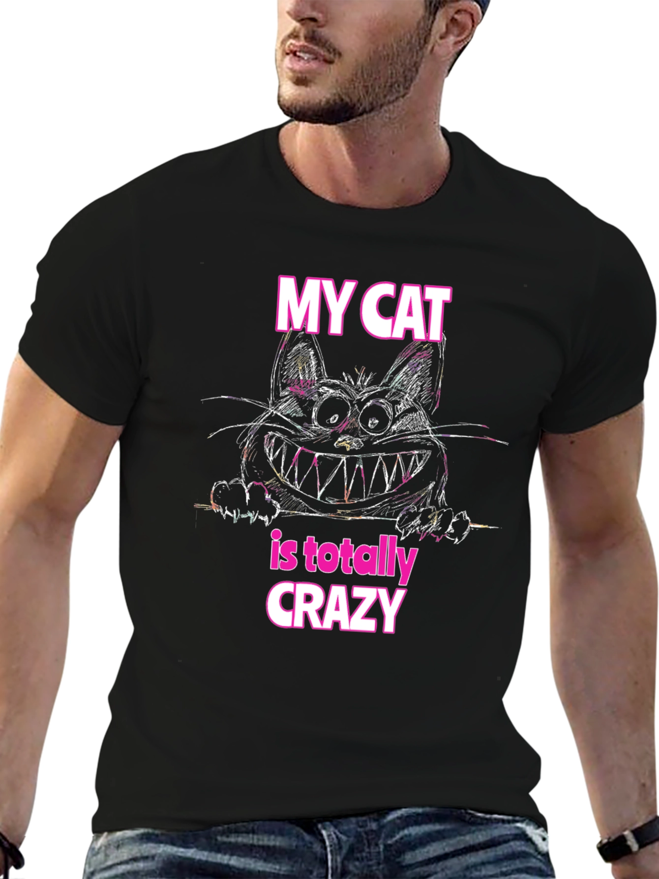 Black Crazy Cat Graphic T-Shirt - Soft Cotton Tee view 6
