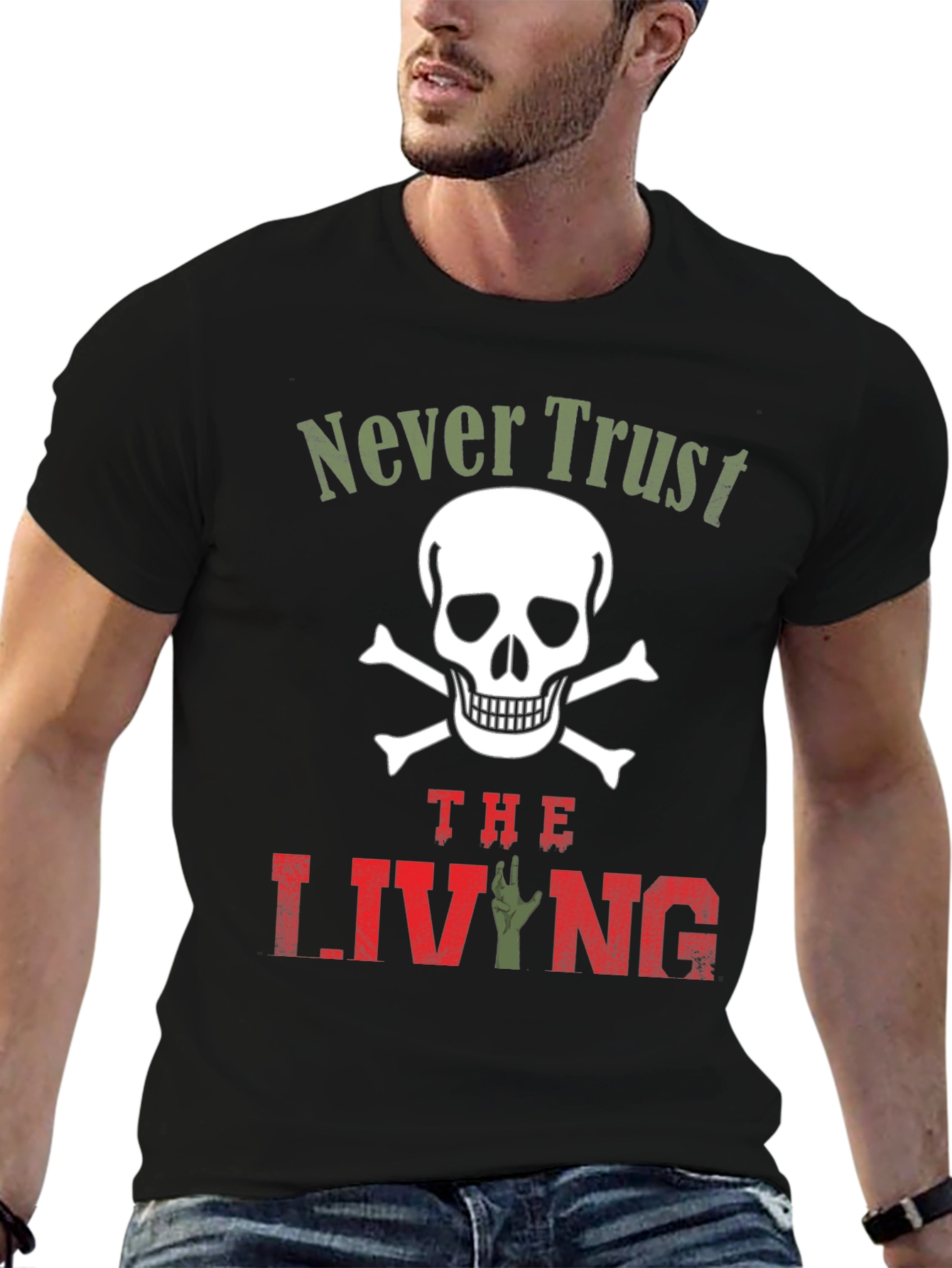 Black Never Trust the Living T-Shirt - Skull & Zombie Hand Design view 6