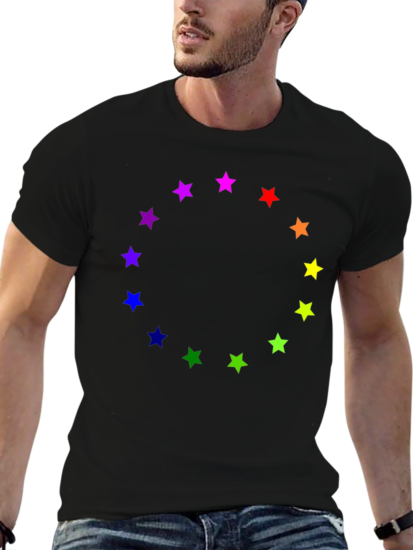 Black Rainbow Star Circle Black T-Shirt view 6