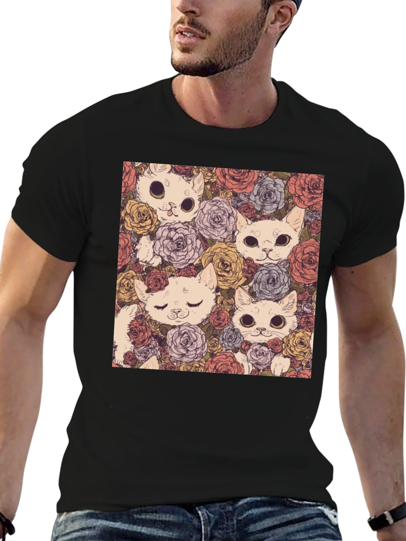 Black Floral Cat Print Black T-Shirt view 6