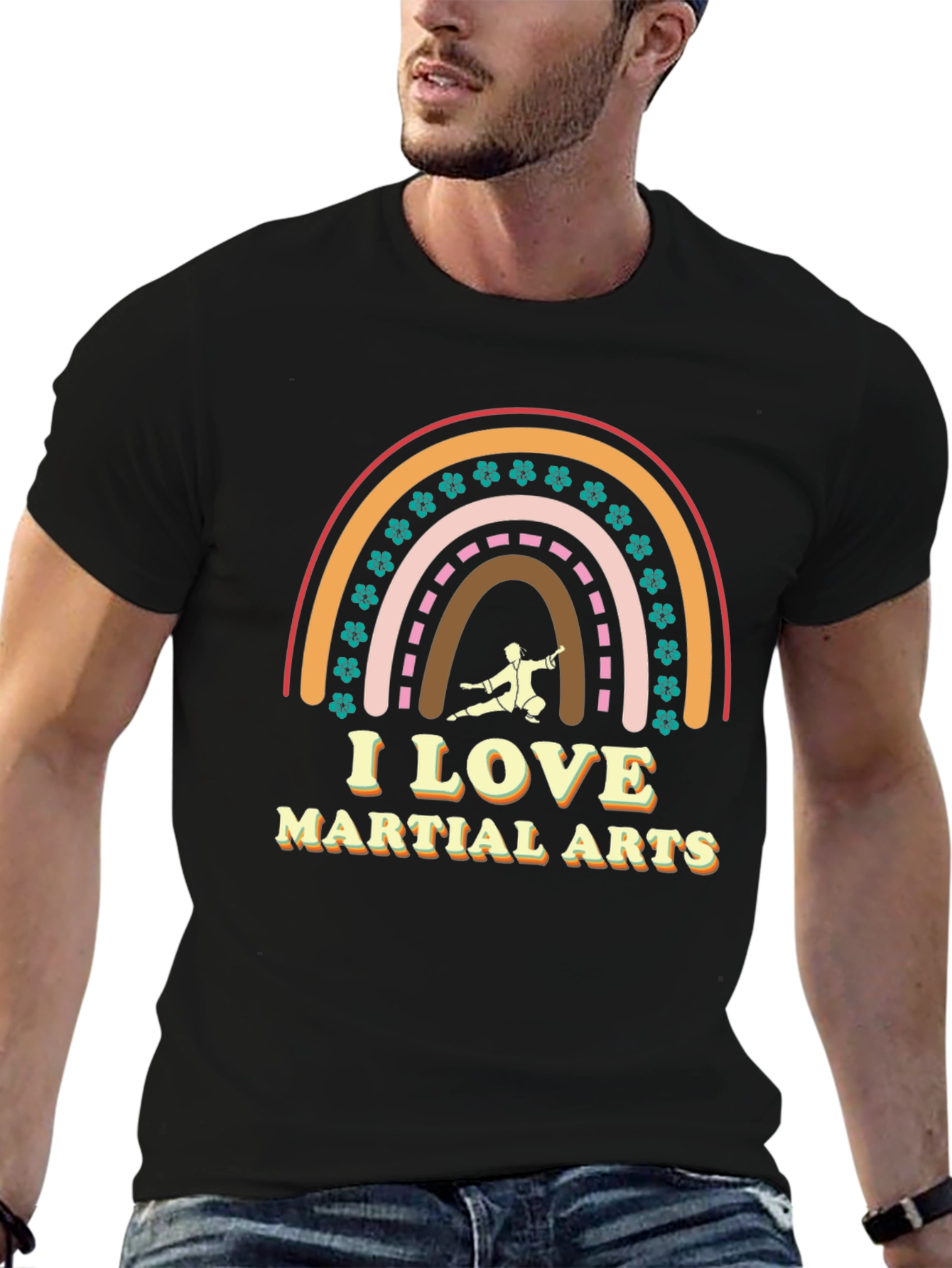 Black I Love Martial Arts Rainbow Graphic T-Shirt view 6