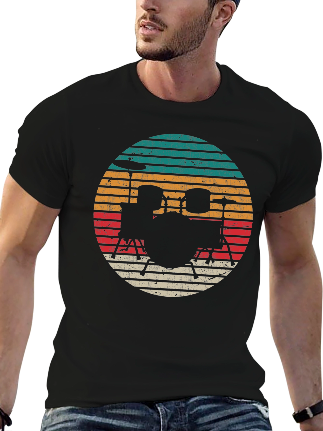 Black Retro Drum Set Graphic Tee - Black view 6
