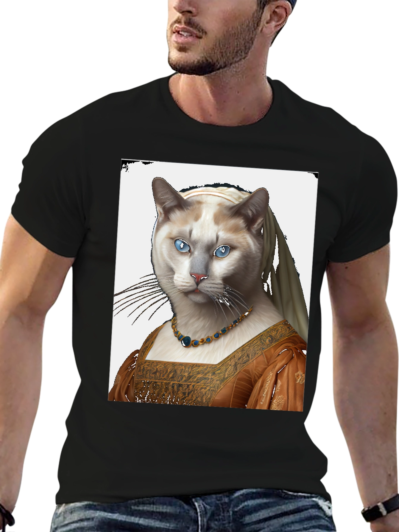 Black Cat with Pearl Earring T-Shirt view 6