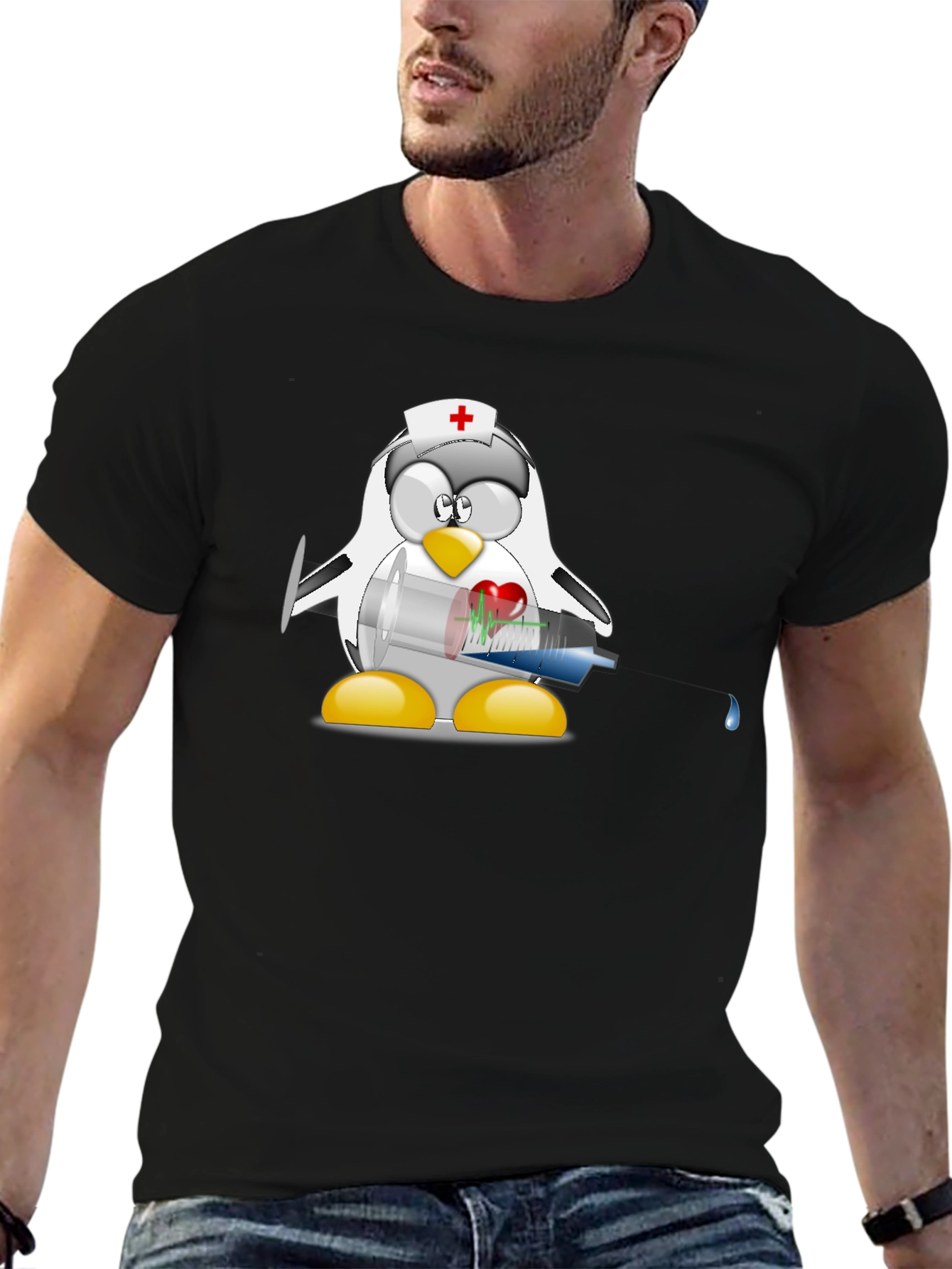 Black Nurse Penguin T-Shirt - Black Cotton Tee view 6