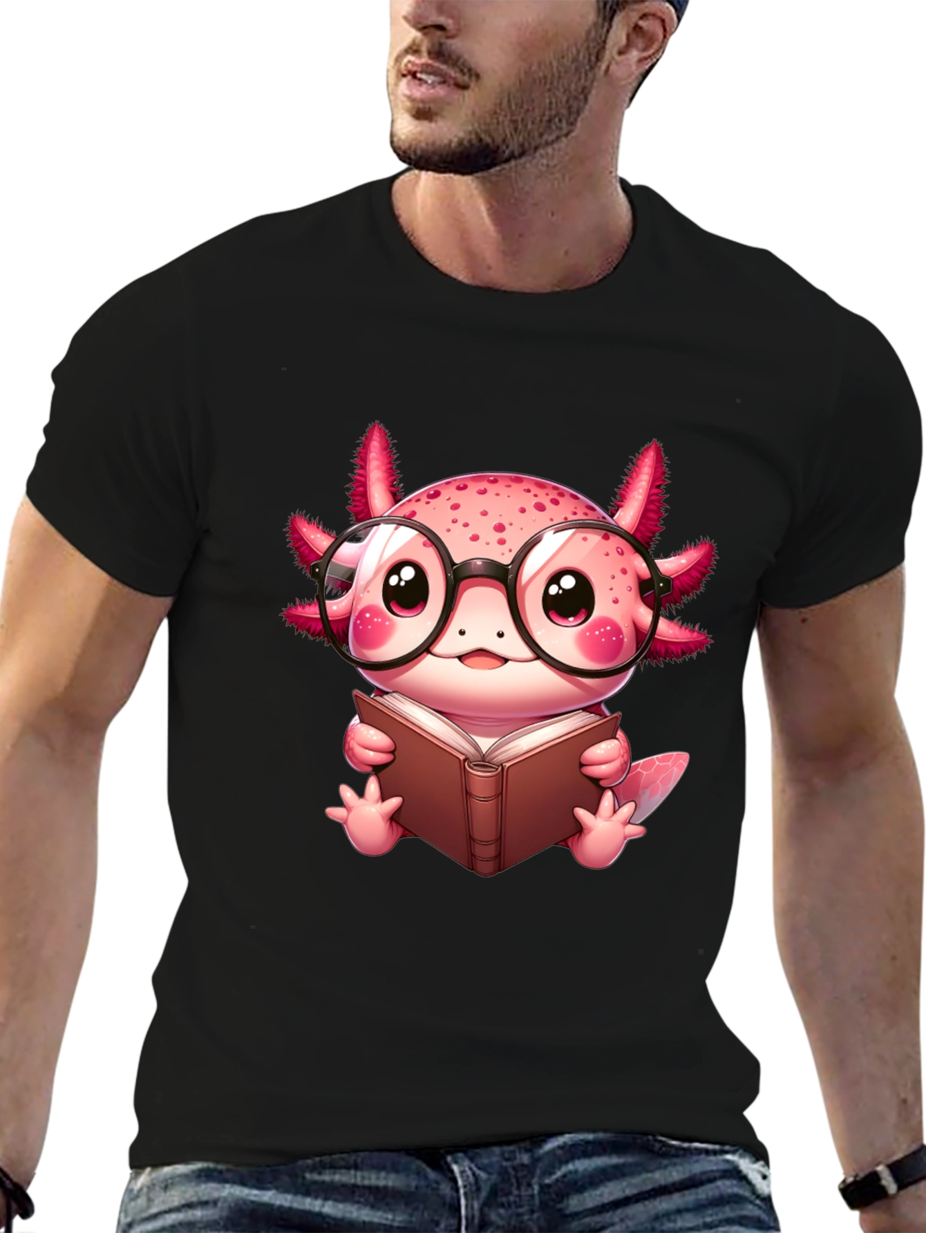Black Axolotl Reader T-Shirt - Cute Nerdy Axolotl Reading Book Tee view 6