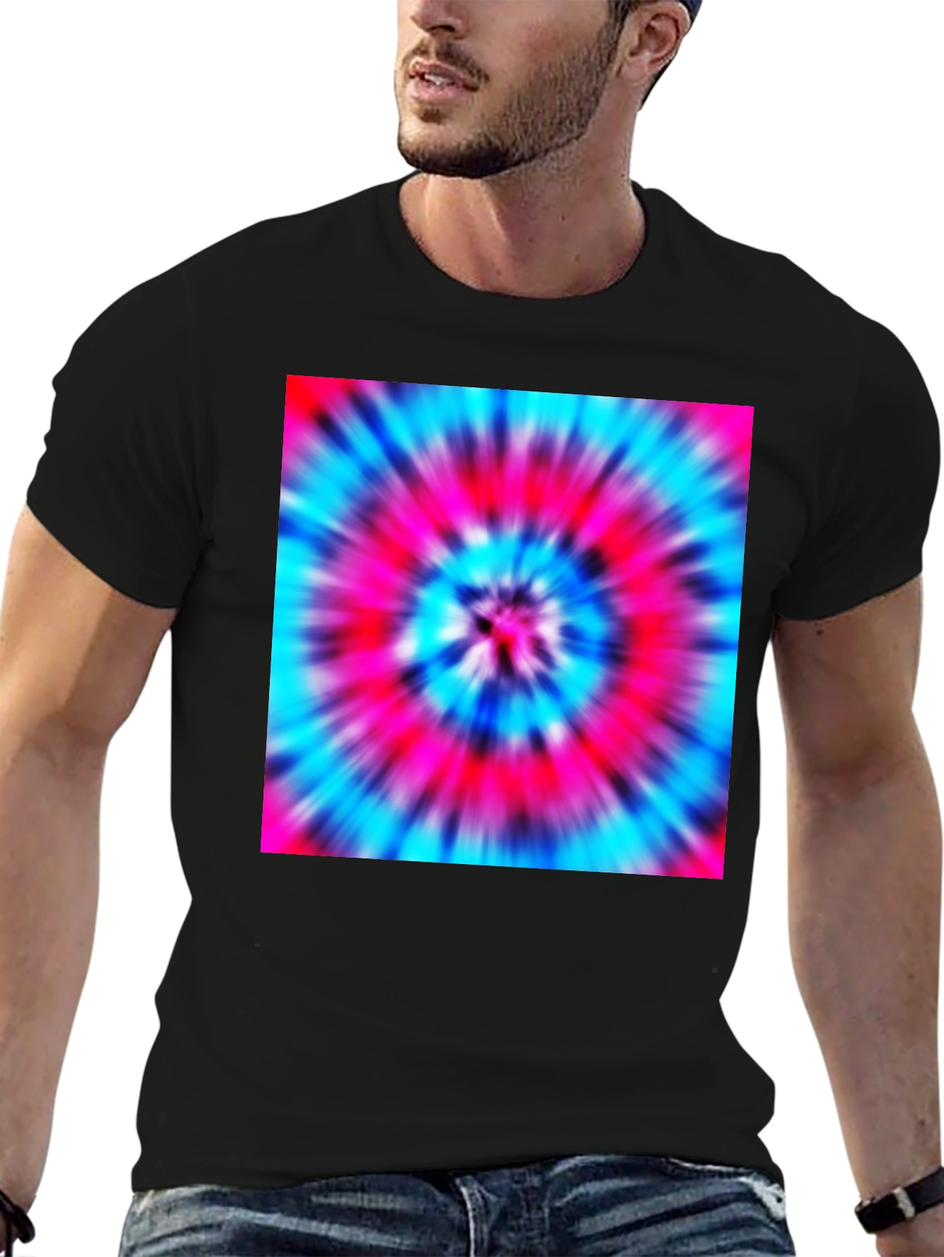 Black Vibrant Tie-Dye Graphic Tee - Black Cotton Blend view 6