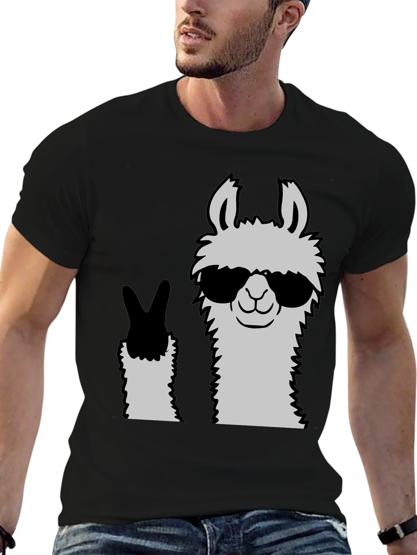 Black Cool Llama Peace Sign Black T-Shirt view 6