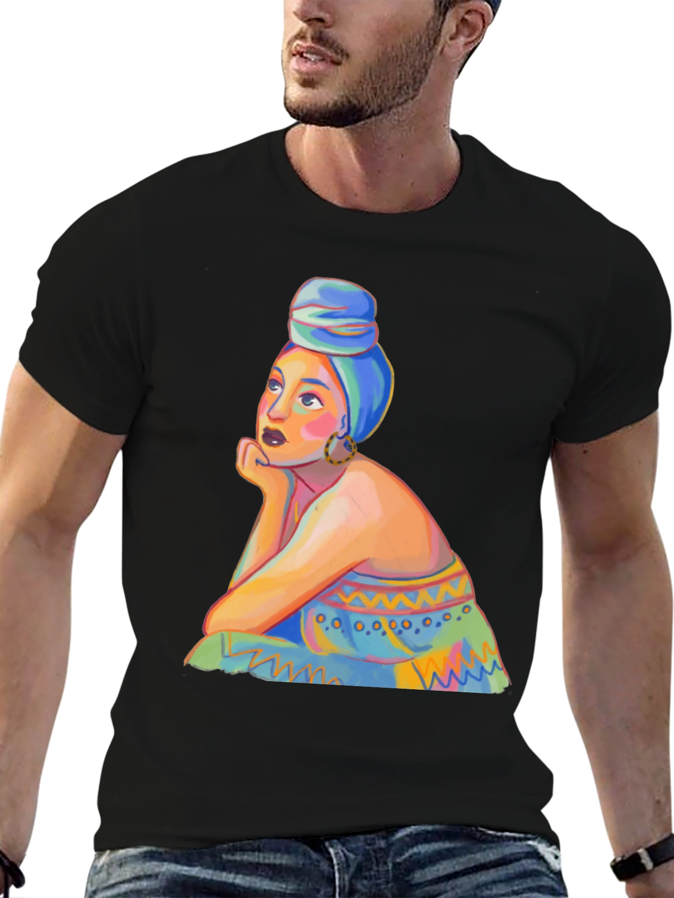 Black Vibrant Woman Portrait Graphic Tee - Stylish Black T-Shirt view 6